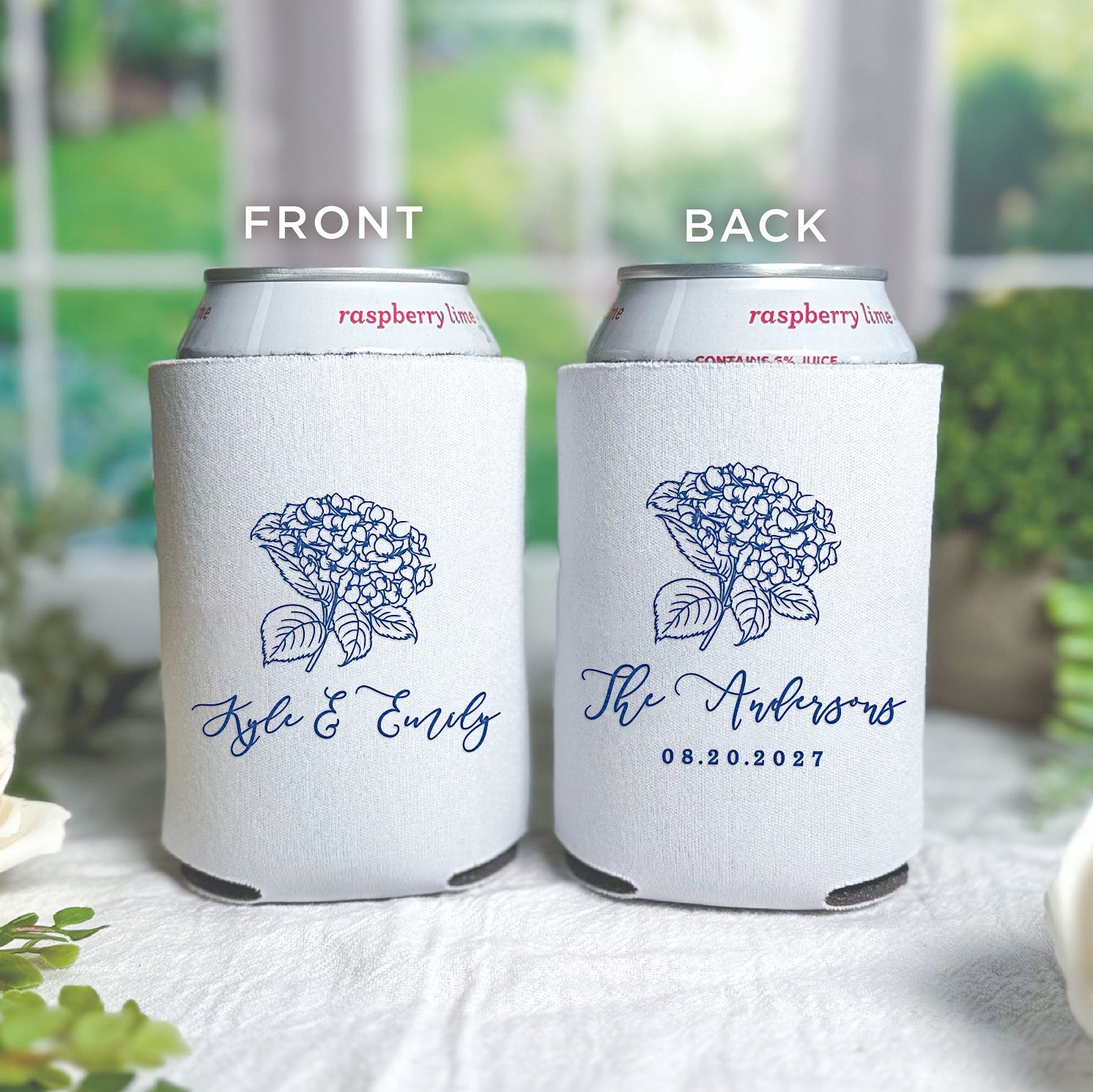Personalized standard can coolers with hydrangea floral design showing couple's names and wedding date