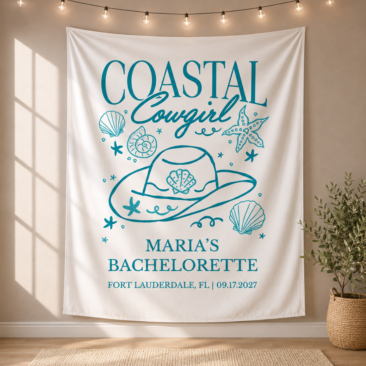 Personalized coastal cowgirl bachelorette party tapestry banner - Design 3, custom name and date backdrop