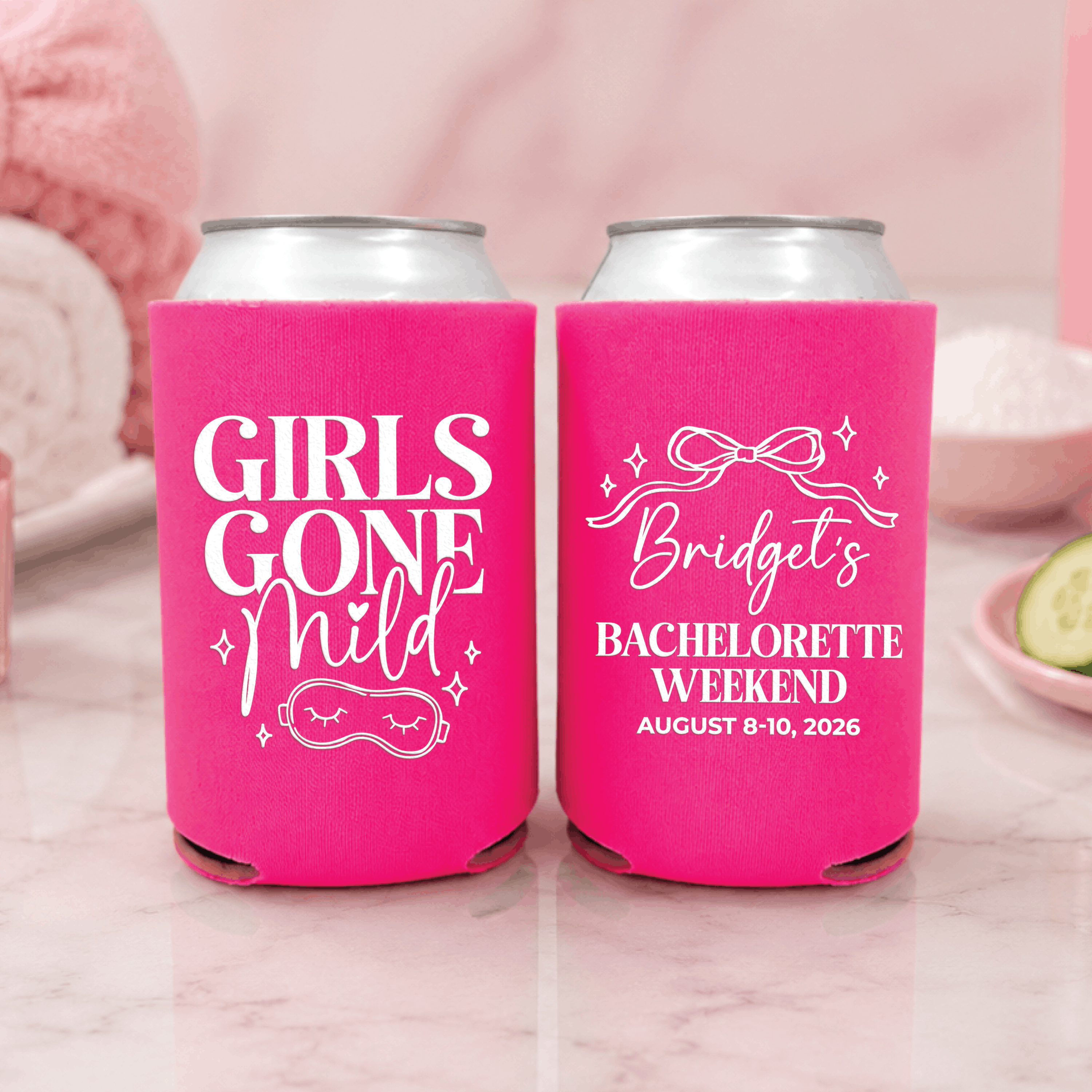 Girls Gone Mild bachelorette can cooler in hot pink, personalized bachelorette party favor