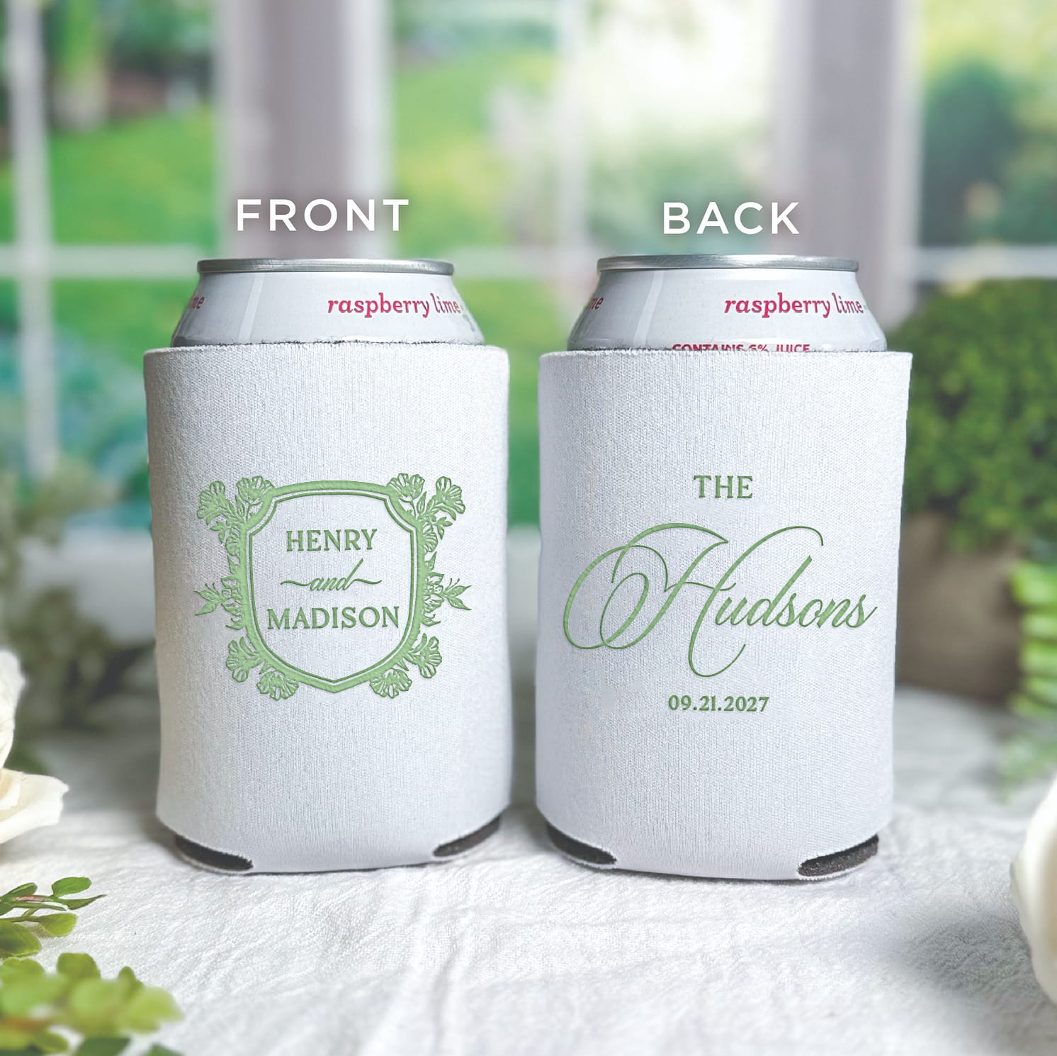 Floral Toile personalized standard neoprene can coolers - real photo