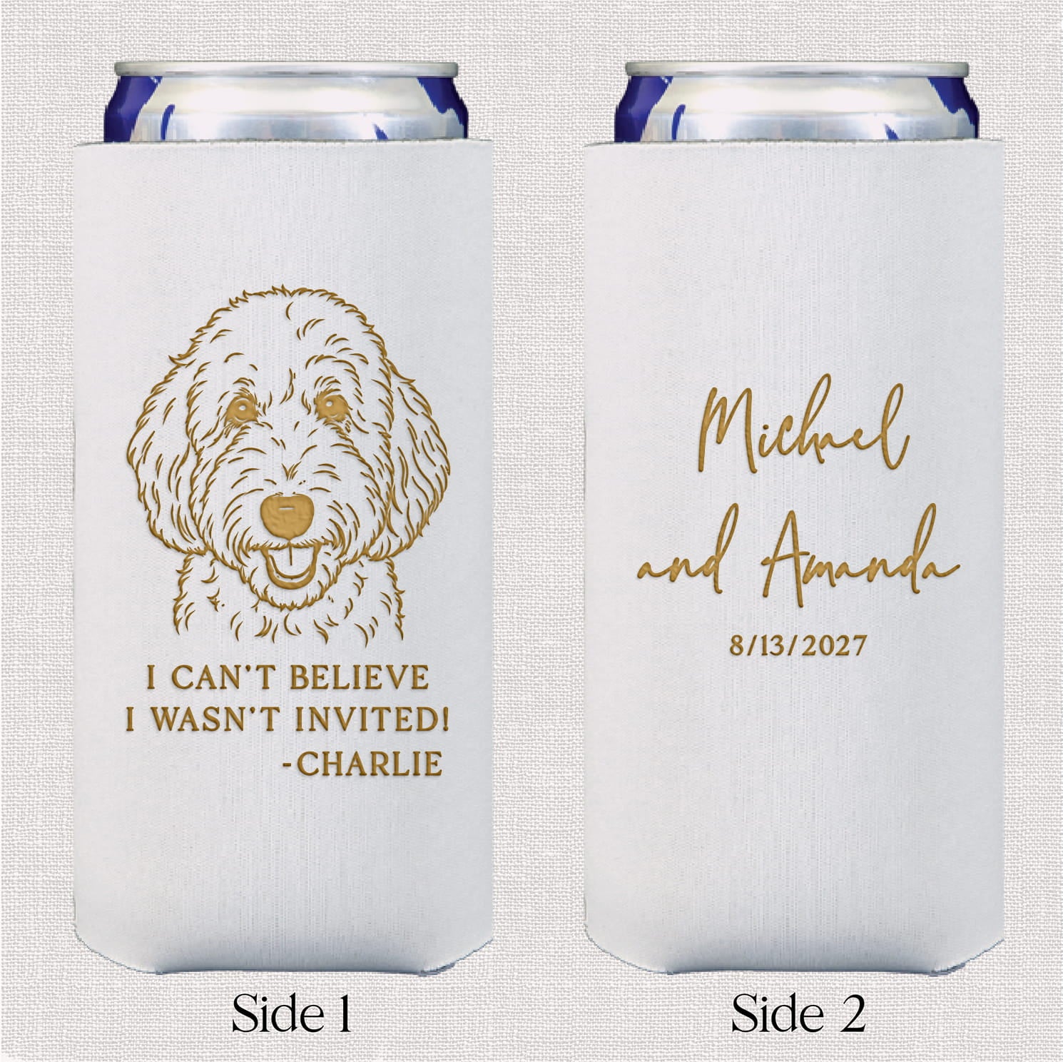 I Can't Believe I Wasn't Invited slim neoprene can coolers — funny personalized pet wedding slim can coolers