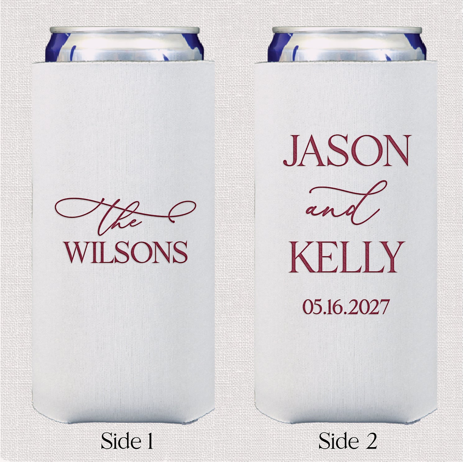 Personalized slim can coolers with elegant last name wedding design displayed upright