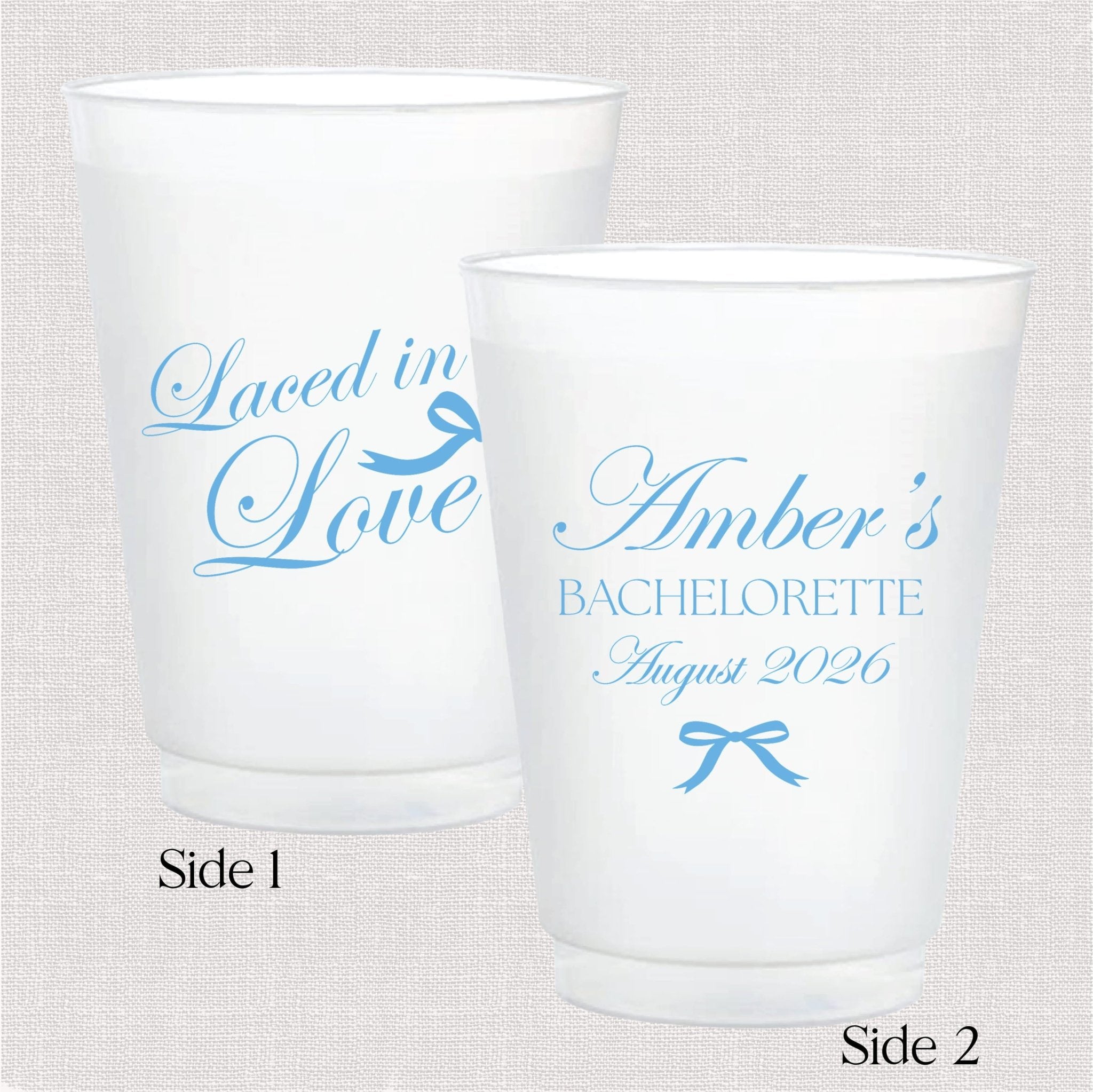 Laced in Love bachelorette shatterproof cups styled on a table setting