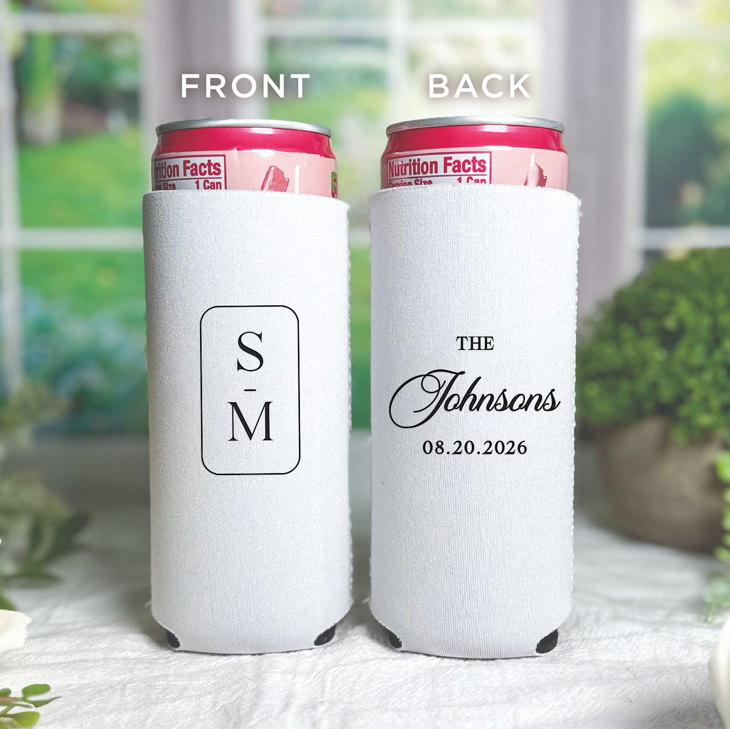Modern monogram personalized slim neoprene can coolers - real photo