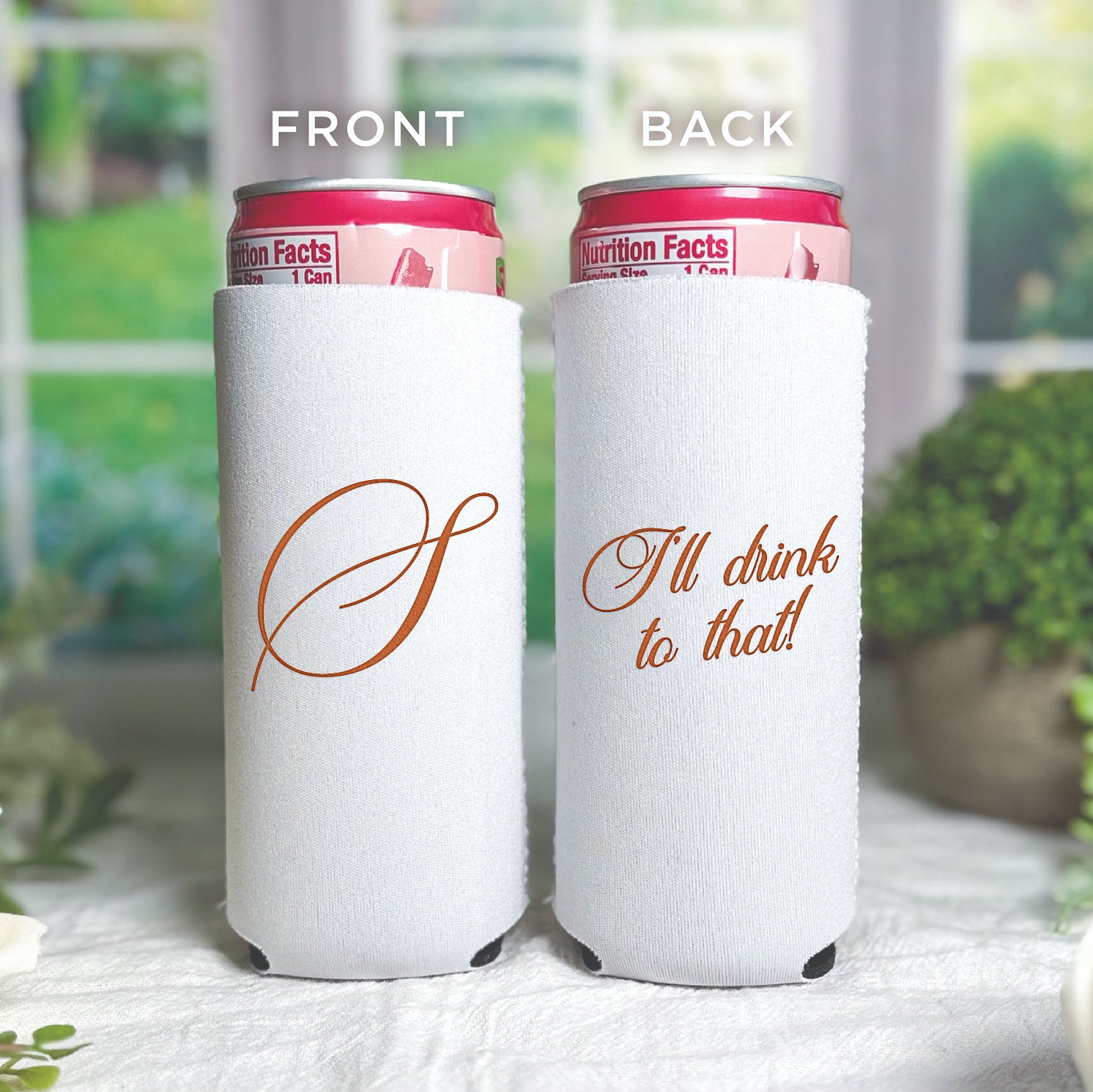 Personalized slim can coolers with classic monogram design showing couple's initial and wedding details