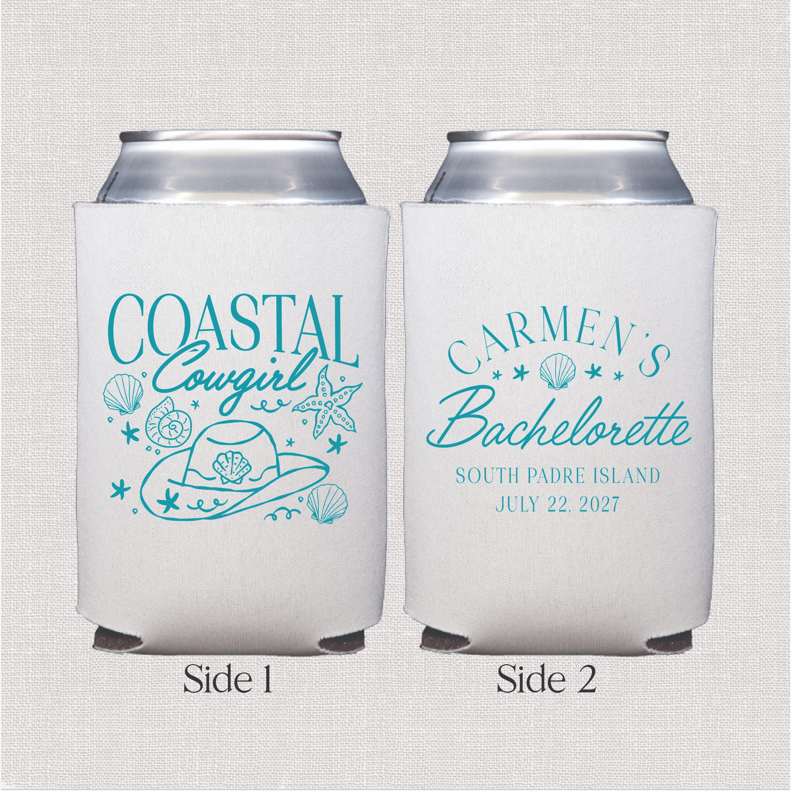 Coastal Cowgirl bachelorette can cooler design - Side 1 and Side 2 view