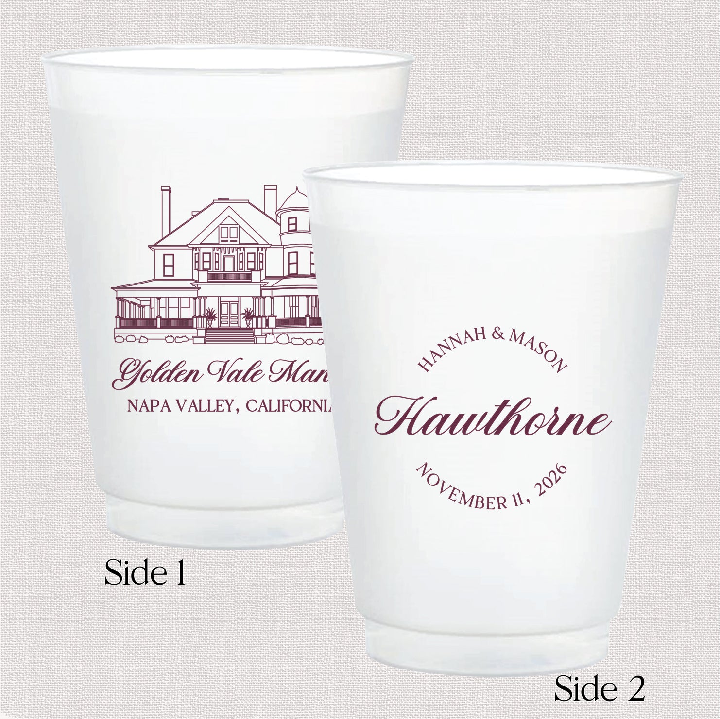 Two frosted shatterproof cups side by side showing both sides of the venue sketch personalized wedding cup design