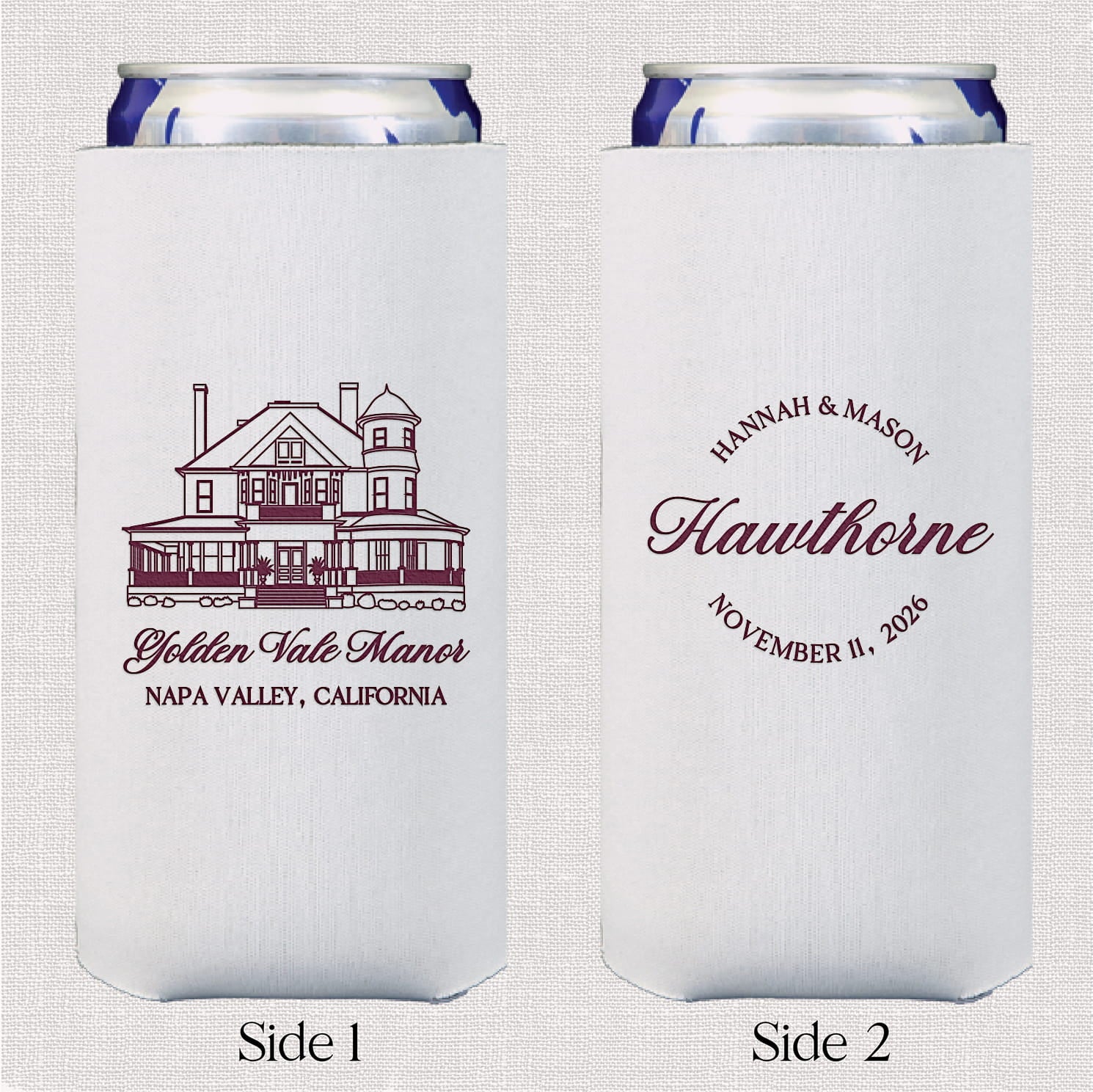 Venue sketch slim neoprene can coolers — personalized wedding bar