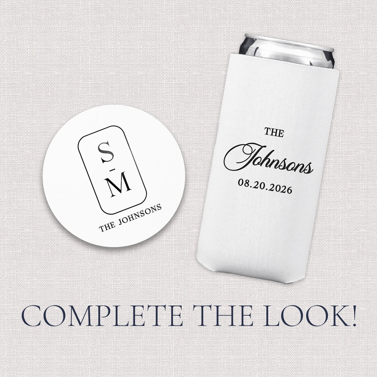 Modern Monogram Wedding Bundle upsell photo showing slim can cooler and coaster add-on options