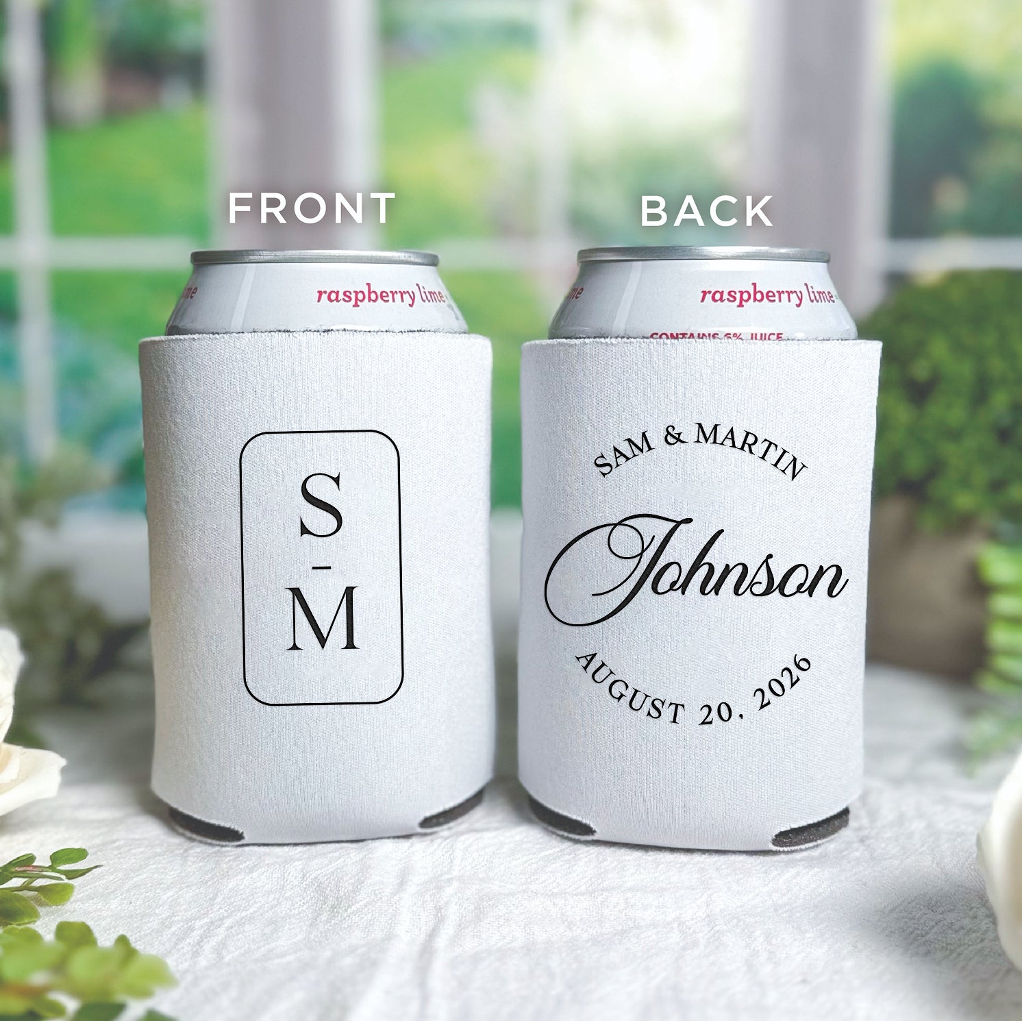 Personalized standard can coolers with modern monogram design showing couple's initials and wedding date