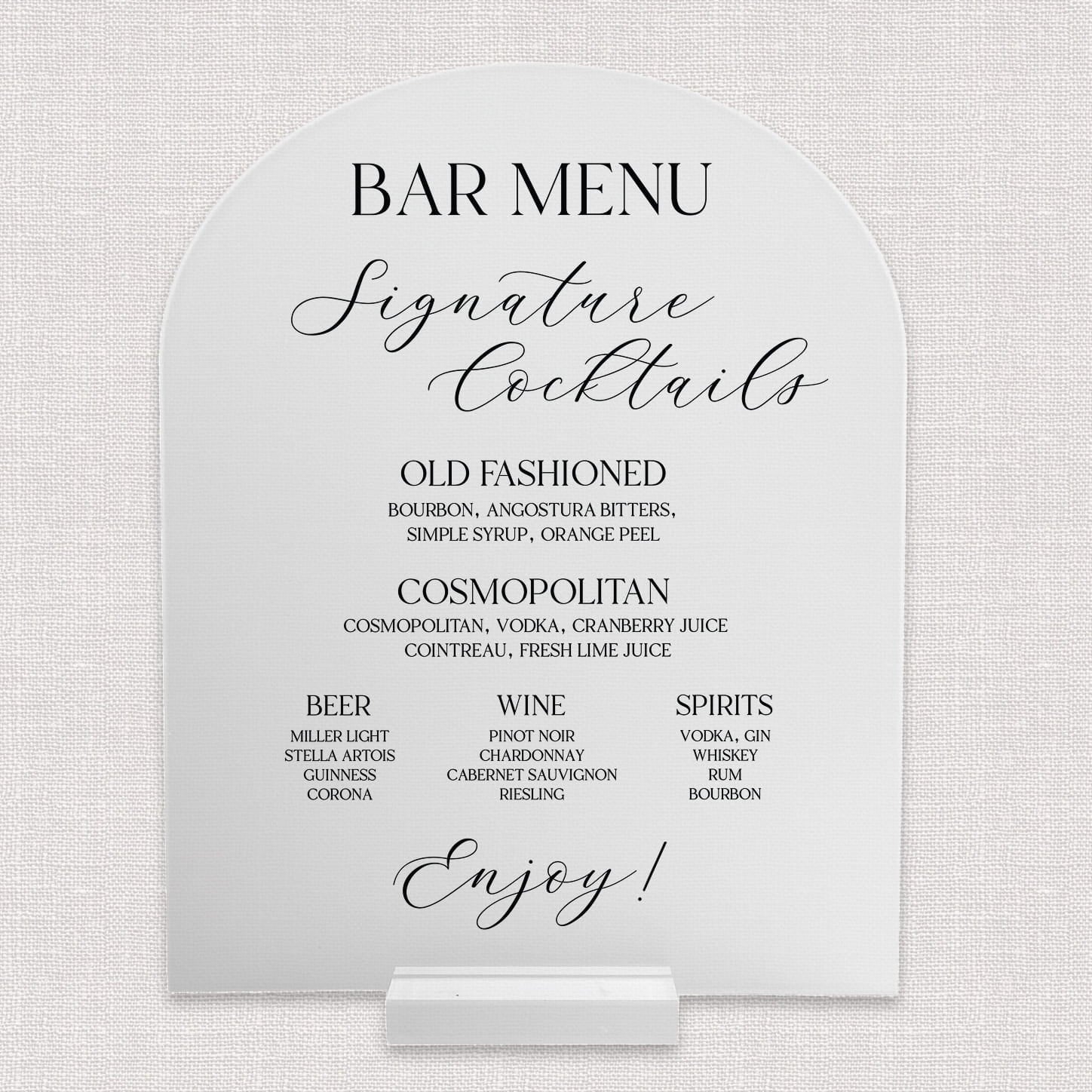 Pet Wedding Cheers 8x10 frosted acrylic arch bar menu — personalized pet wedding bar sign