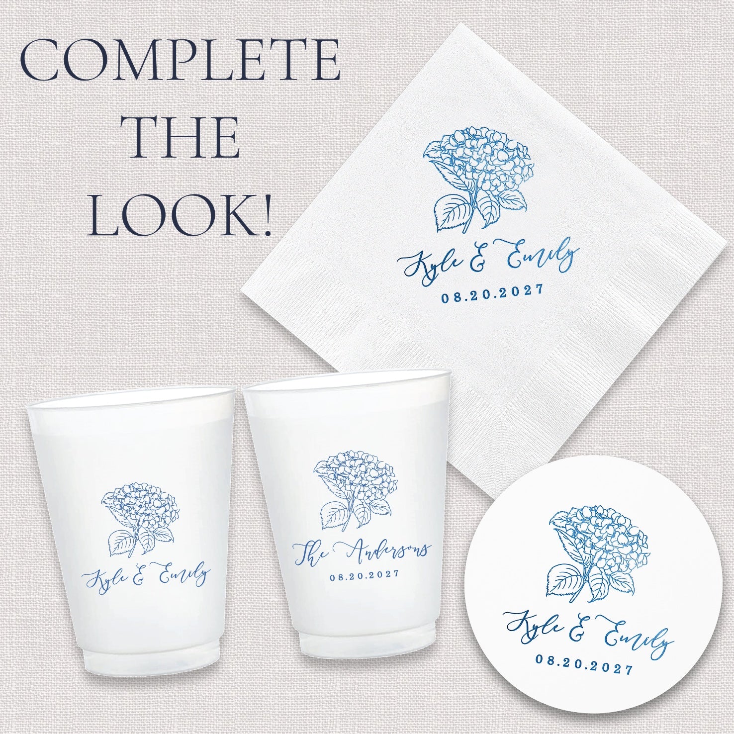 Complete the look upsell graphic showing coordinating hydrangea wedding can coolers and accessories collection