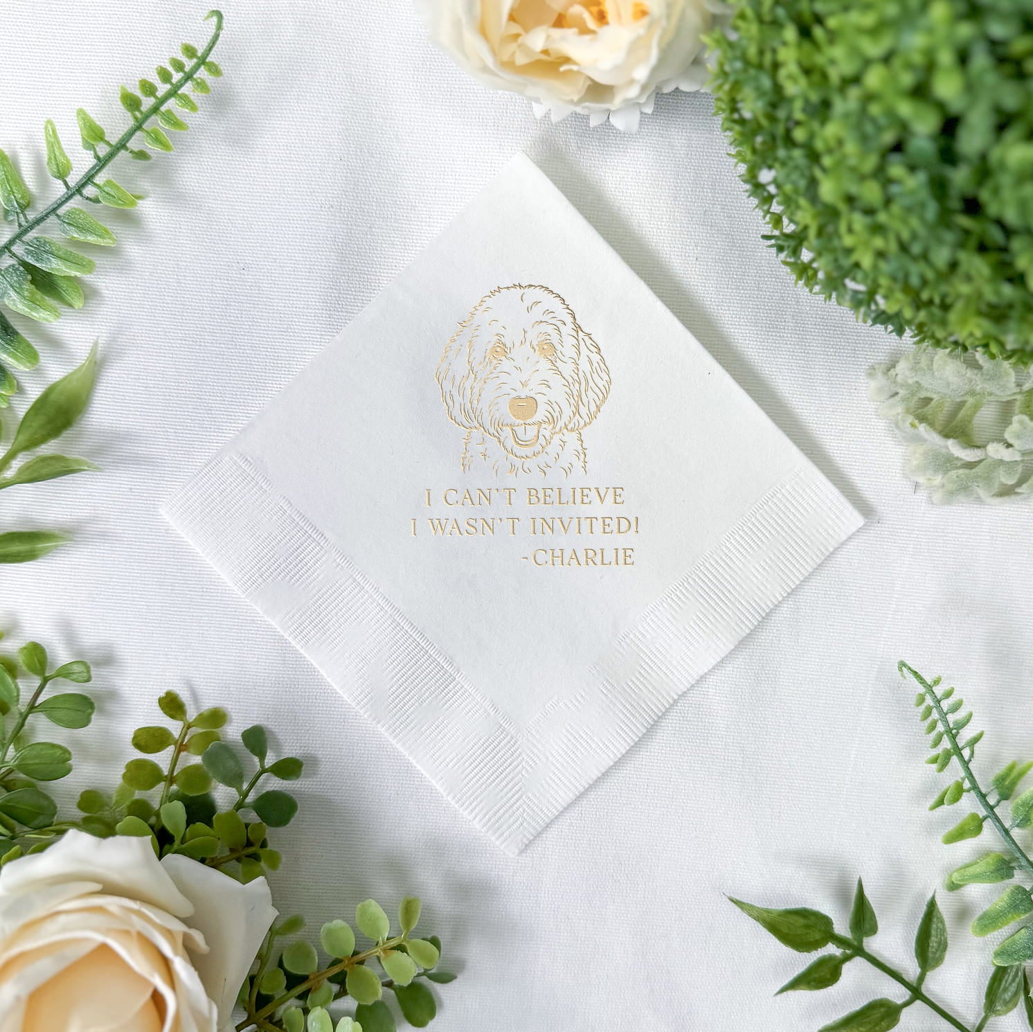 I Can't Believe I Wasn't Invited cocktail napkins — real photo of funny personalized pet wedding napkins