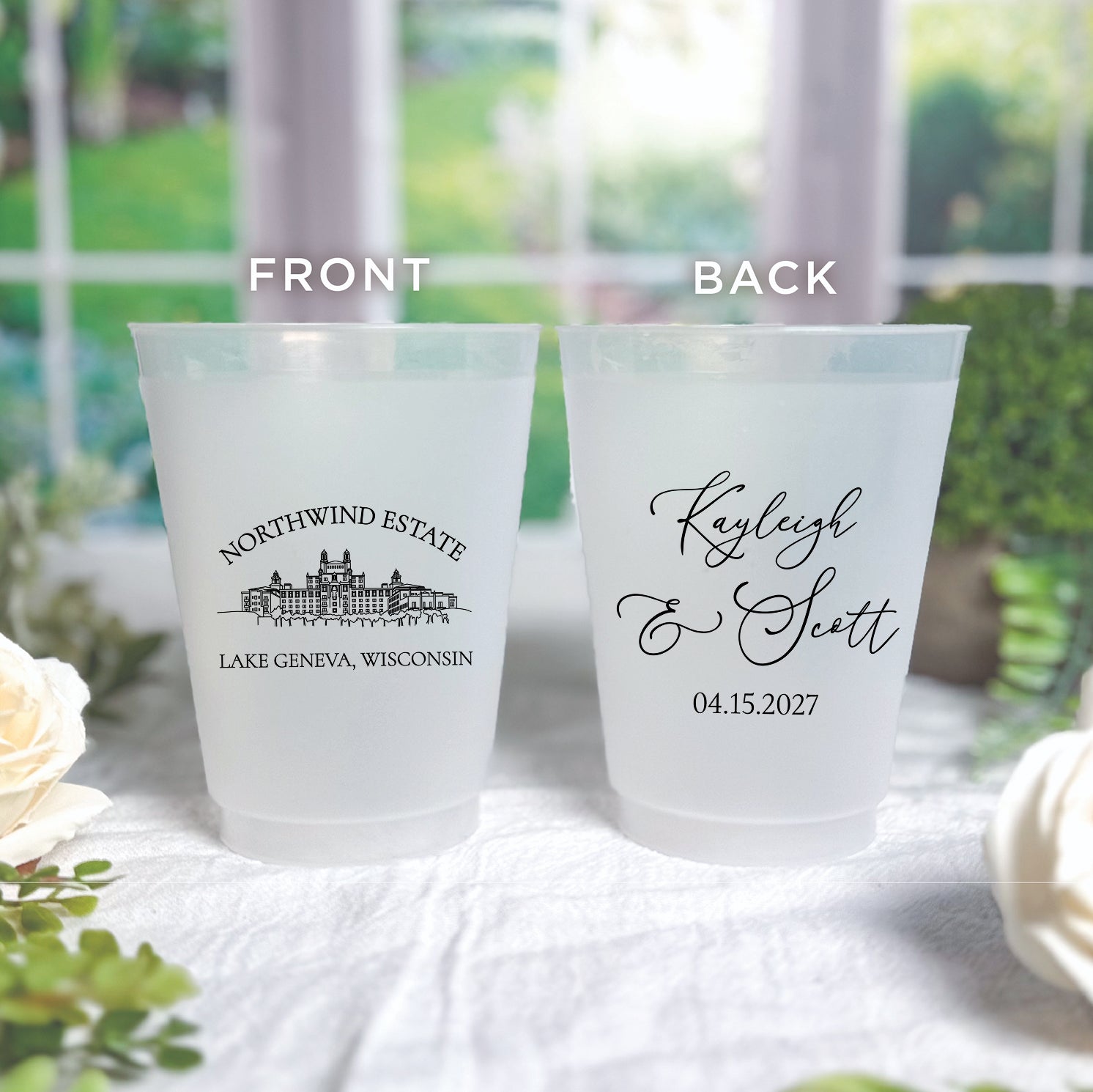 Personalized frosted shatterproof cups showing front and back with venue line drawing design featuring couple's initials and wedding details