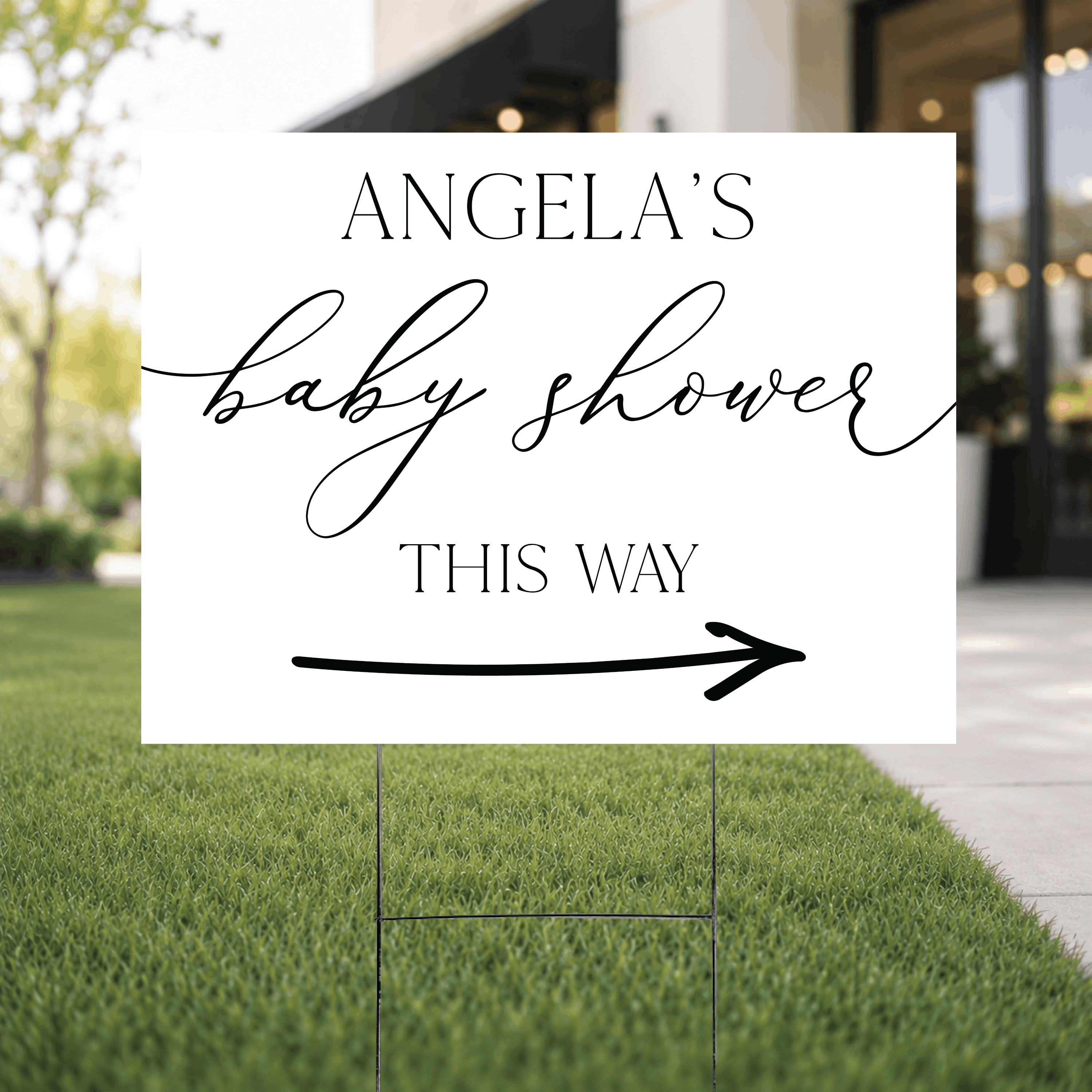 Close-up of a personalized baby shower directional yard sign showing crisp UV ink printing and clean edges on a corrugated plastic substrate.