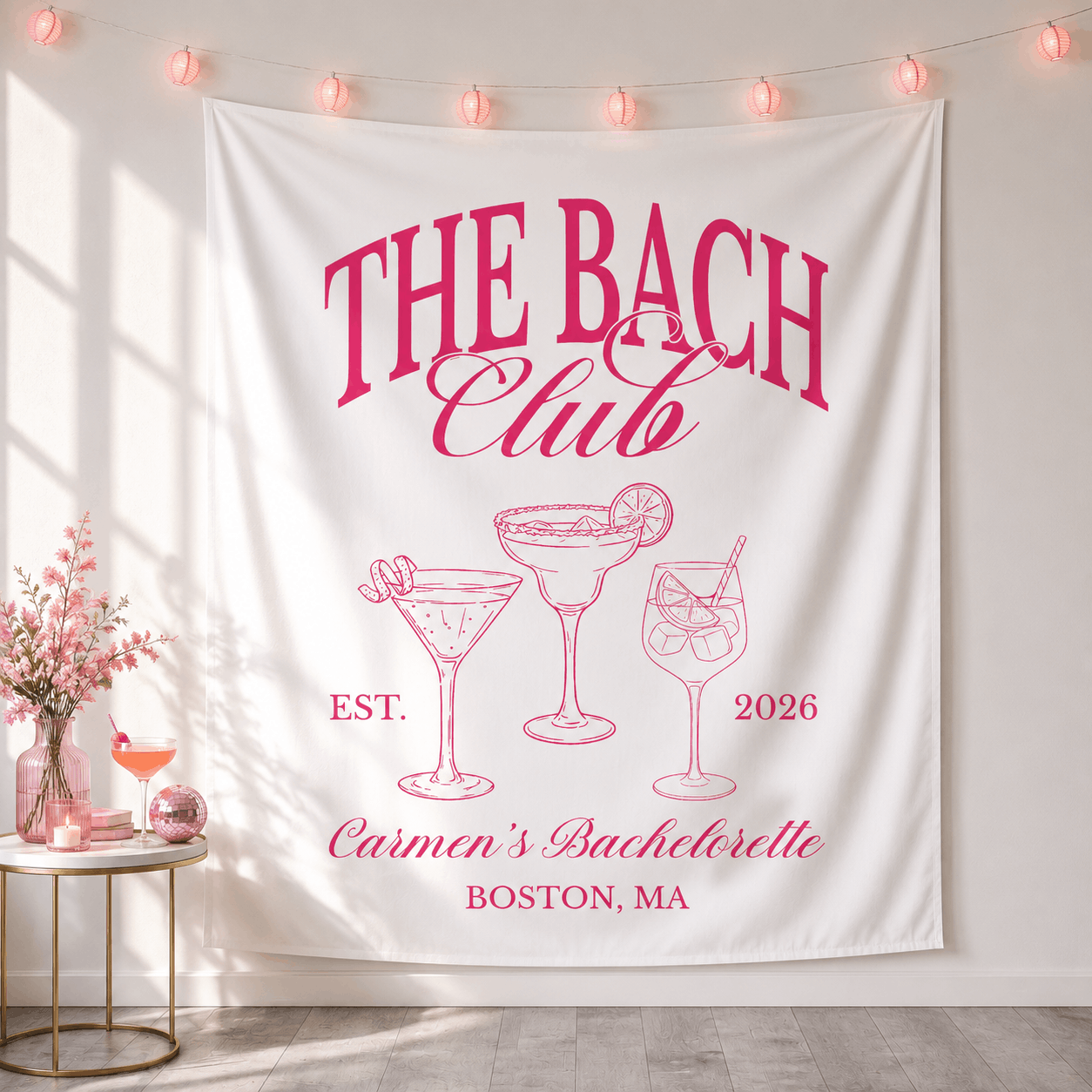 The Bach Club bachelorette tapestry banner close-up detail showing custom text and design