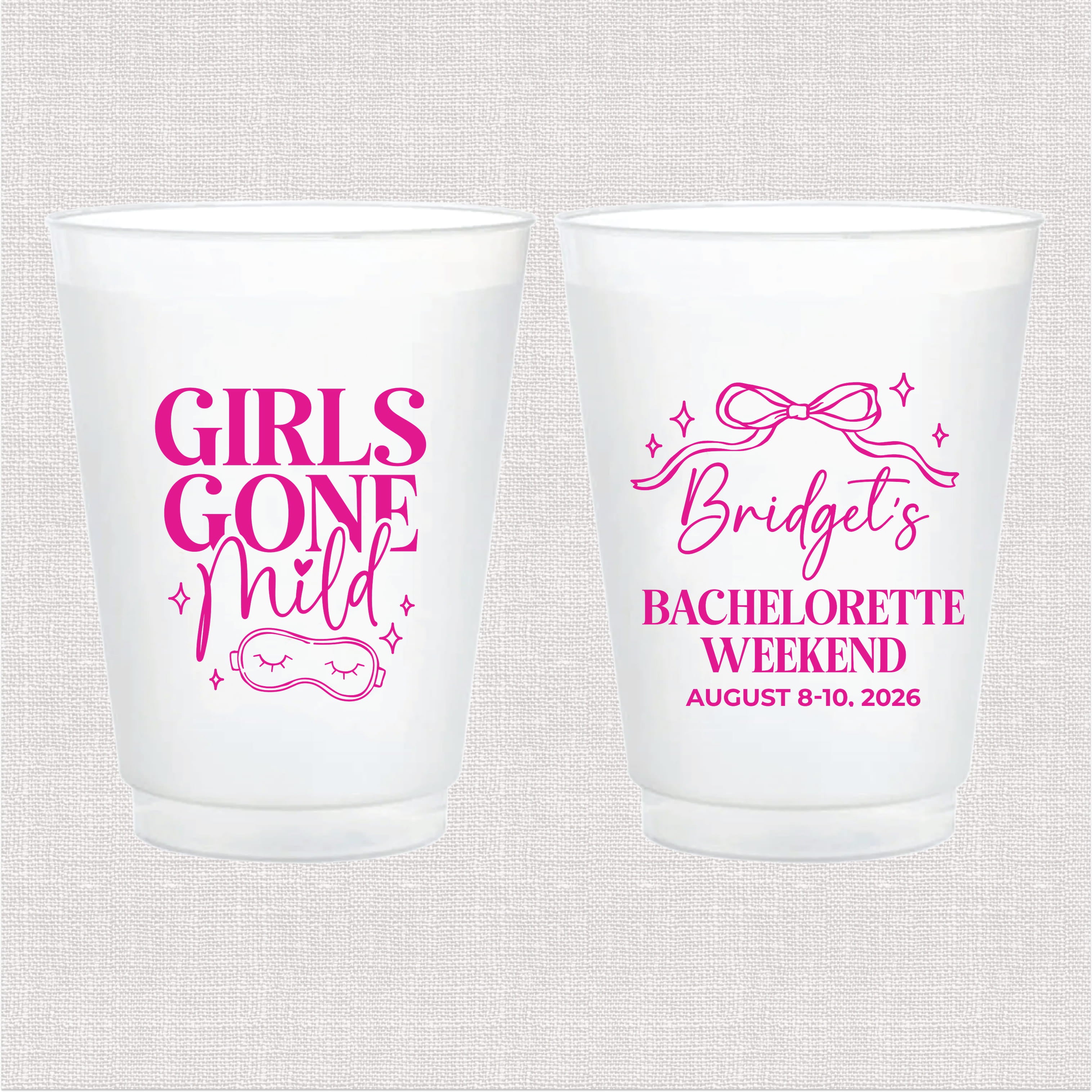 Girls Gone Mild personalized bachelorette cups, sleep mask design detail