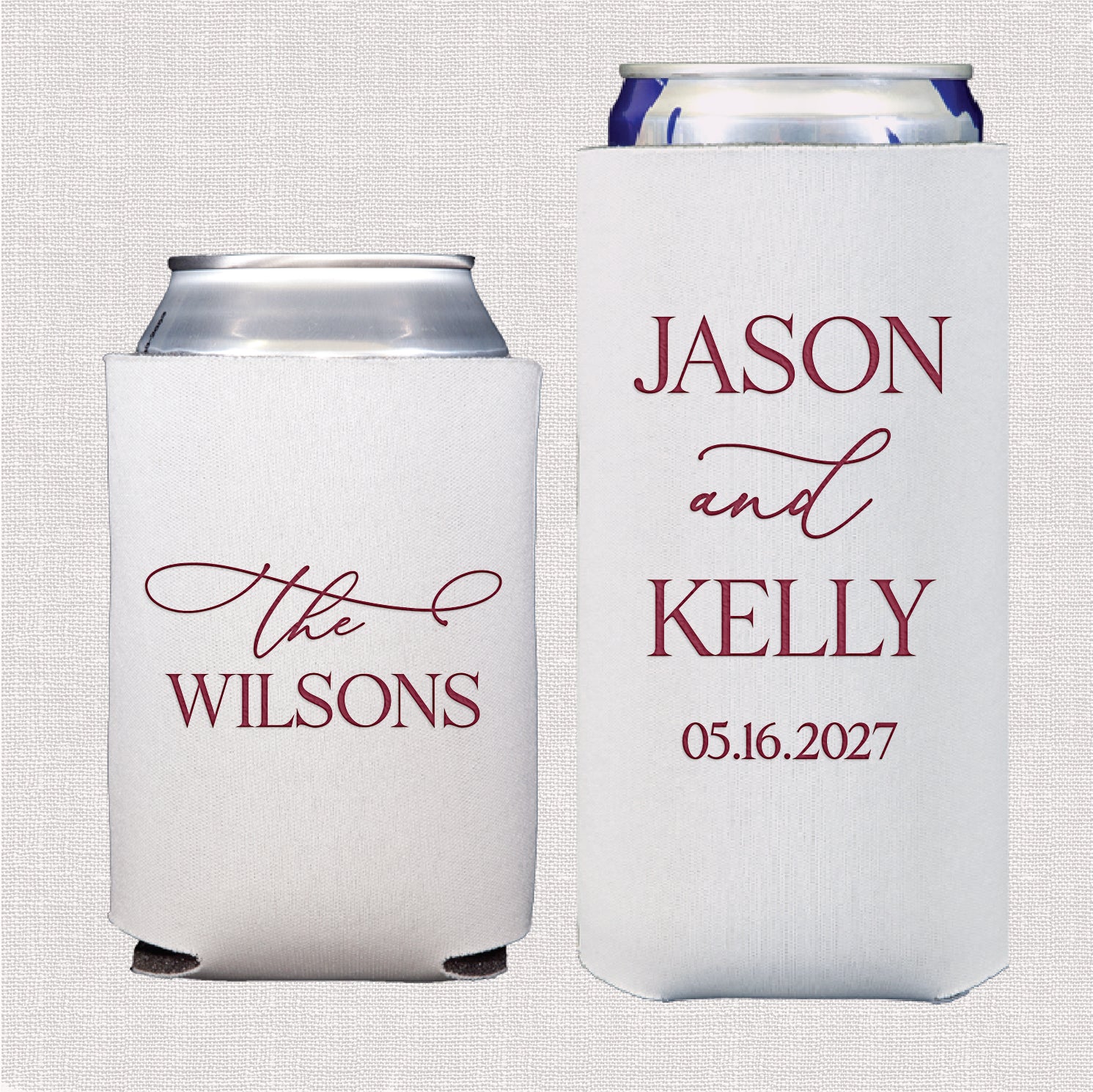 The Elegant Last Name Wedding Bundle featuring personalized standard and slim can coolers with elegant last name typography design