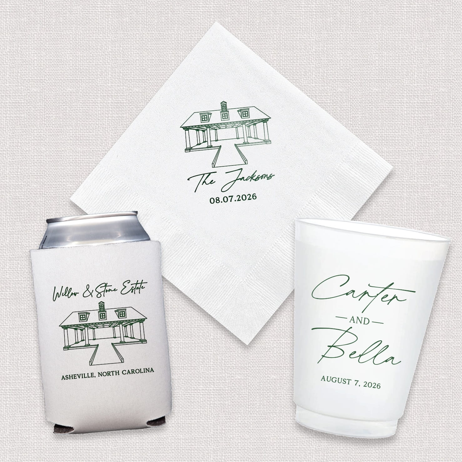 Venue Stacked Names Wedding Signature Bundle - cocktail napkins, shatterproof cups, and can coolers displayed together