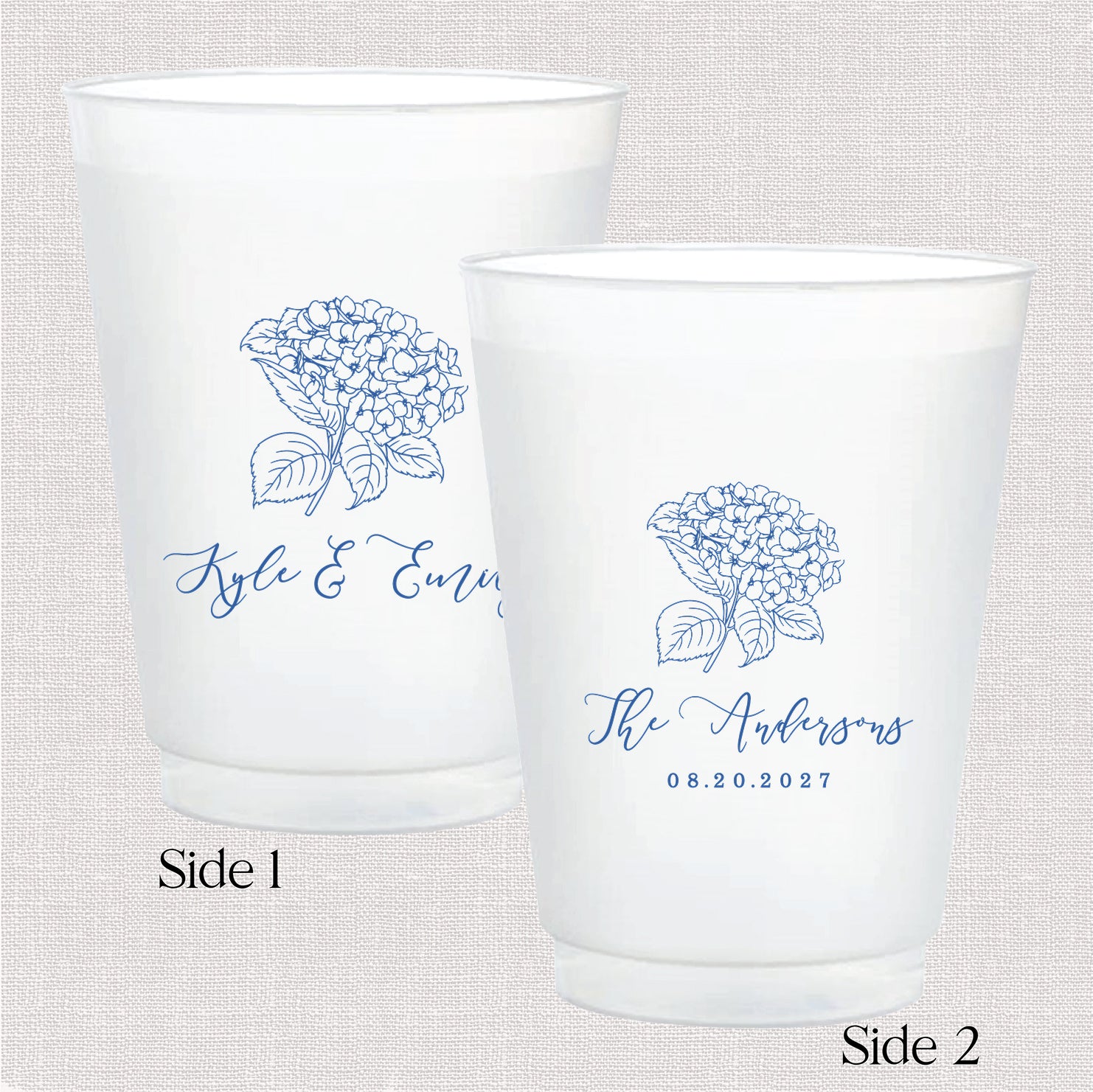 Hydrangea 16 oz frosted shatterproof cups — personalized floral wedding cups