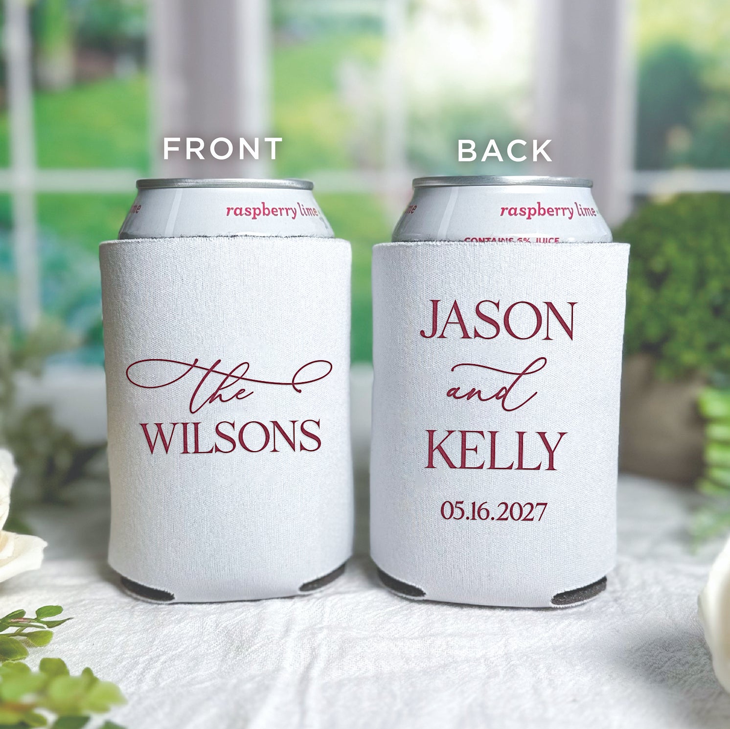 Personalized standard can coolers with elegant last name design showing couple's last name and wedding date