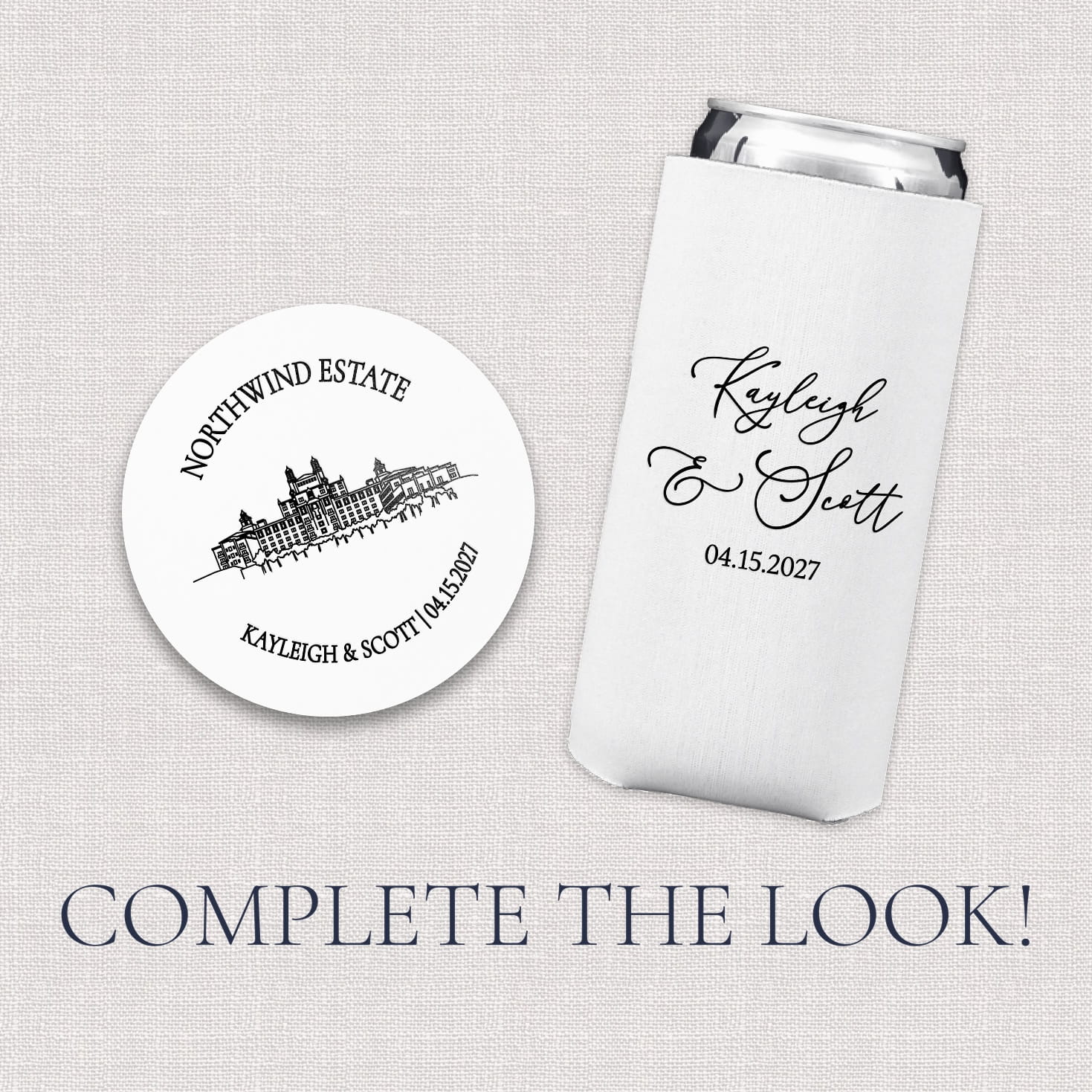 Venue Line Drawing Wedding Bundle upsell photo showing slim can cooler and coaster add-on options