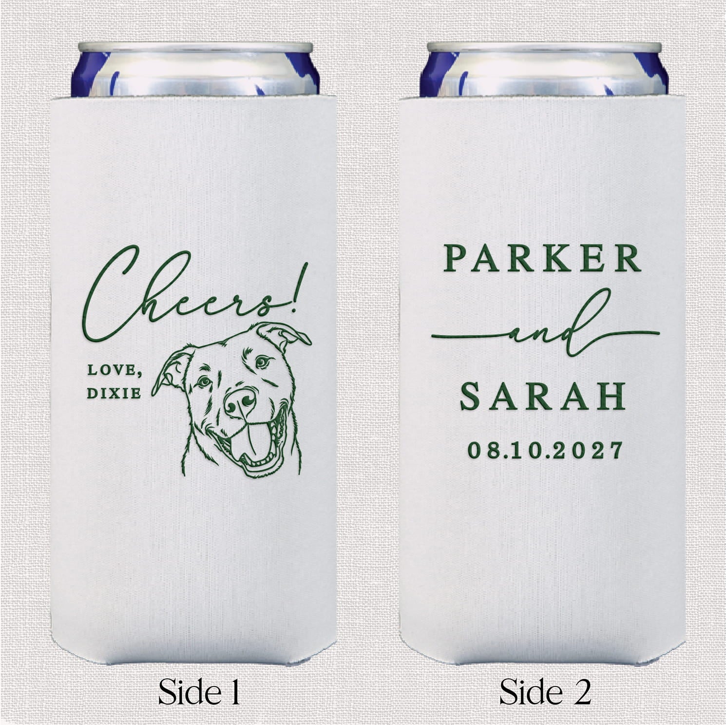 Custom Pet Cheers slim neoprene can coolers — personalized pet wedding slim can coolers
