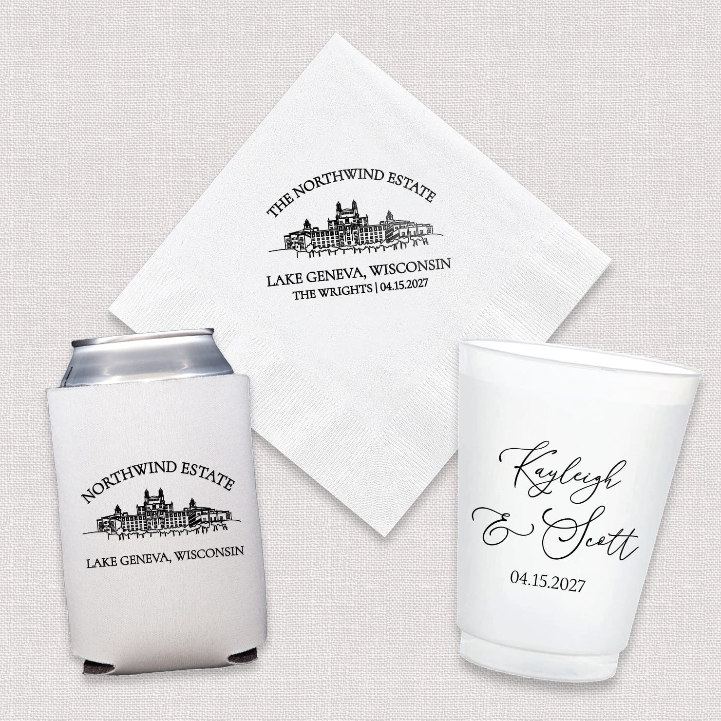 Venue Line Drawing Wedding Signature Bundle - cocktail napkins, shatterproof cups, and can coolers displayed together