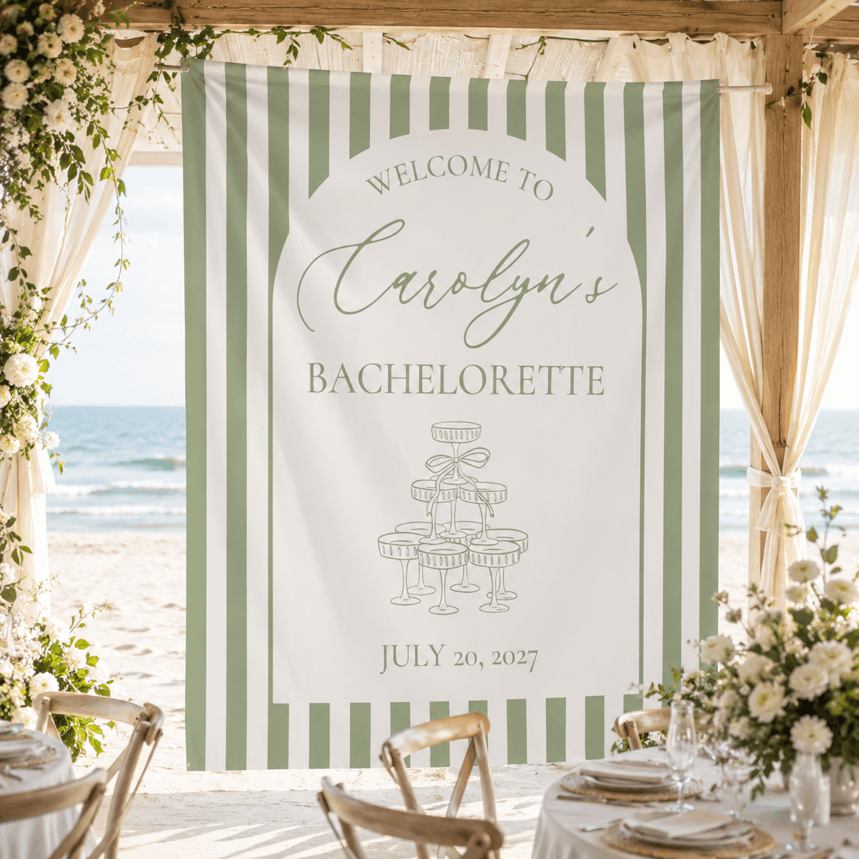 Personalized striped champagne tower bachelorette party tapestry banner - Design 6, custom name and date portrait backdrop