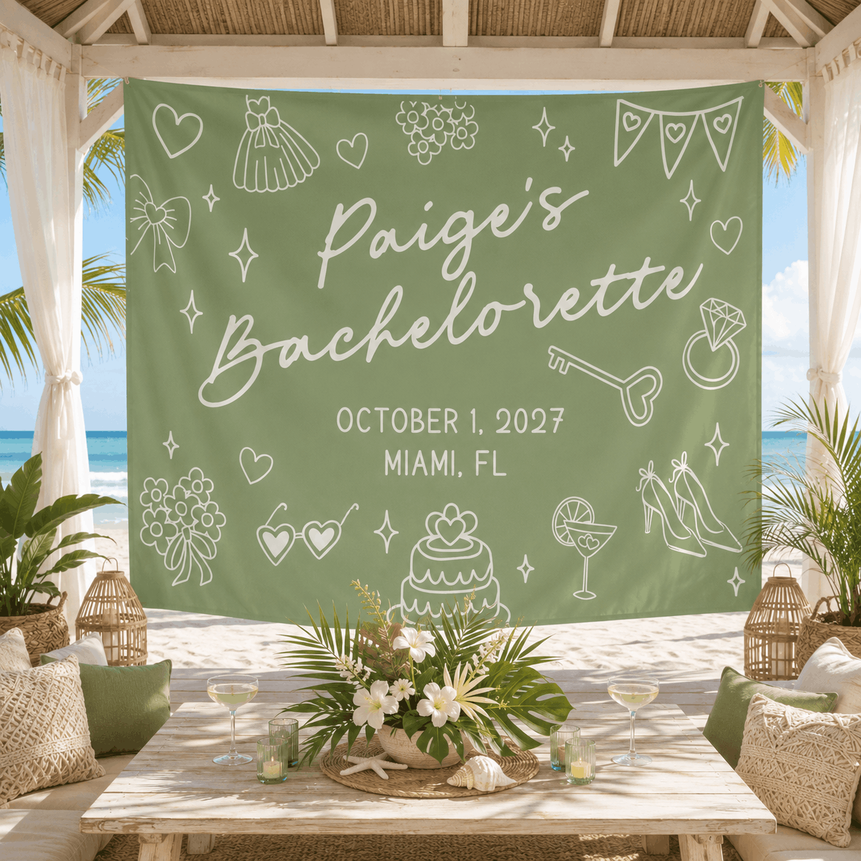 Personalized doodle style bachelorette party tapestry banner - Design 4, custom name and date landscape backdrop