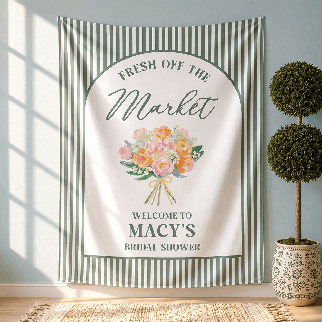 Personalized Fresh Off the Market bachelorette party tapestry banner - Design 4, custom name and date portrait backdrop