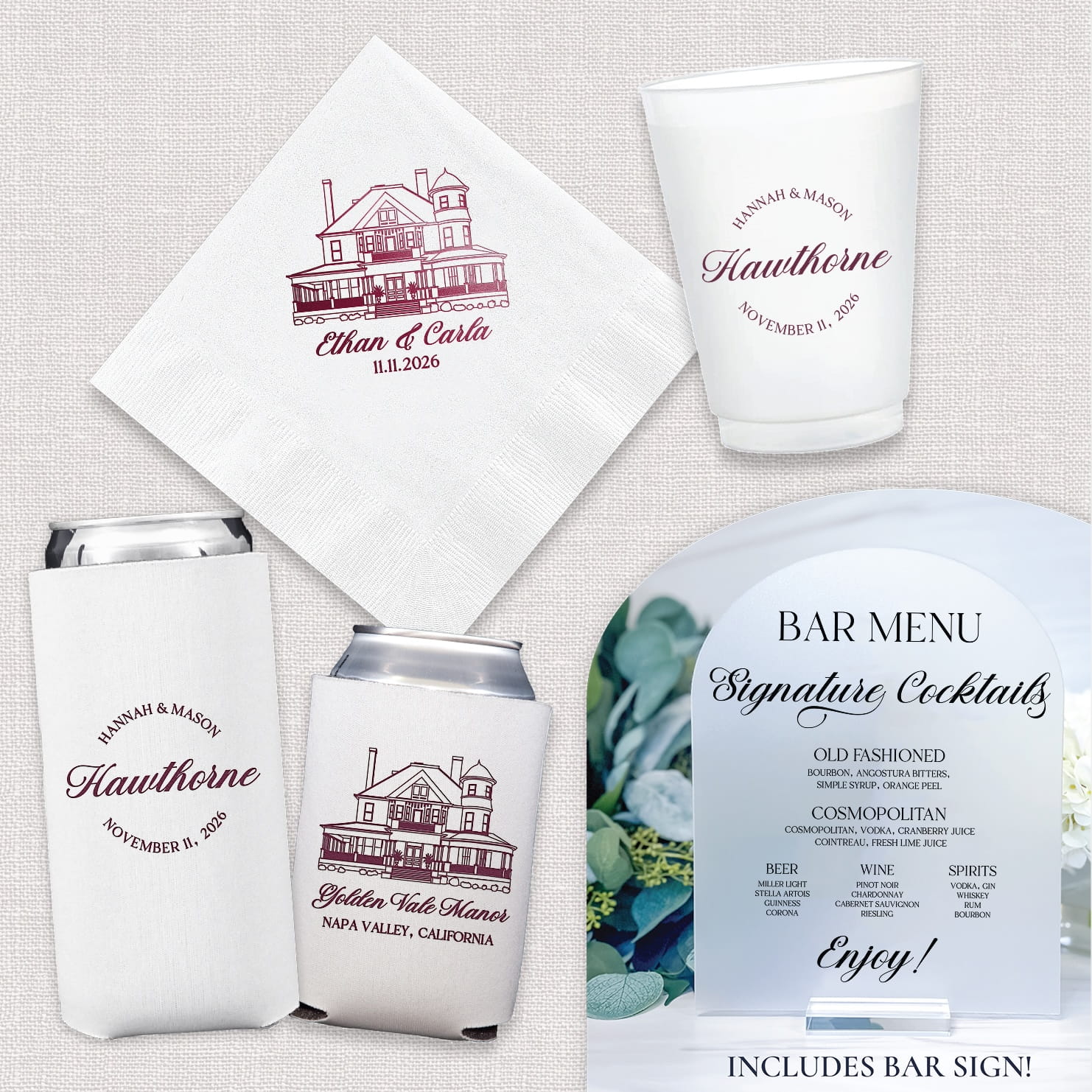 Venue Sketch Luxe Wedding Bundle — complete bar suite with cocktail napkins, frosted cups, can coolers, and acrylic bar menu
