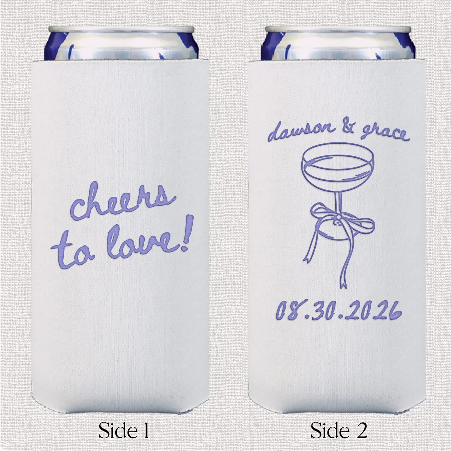 Cheers to Love slim neoprene can coolers — personalized wedding bar