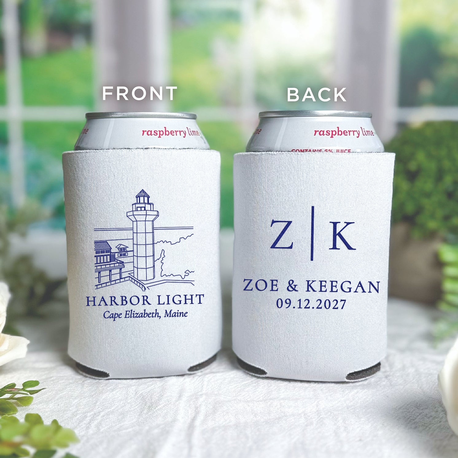 Personalized standard can coolers with venue initials design showing couple's initials and venue line drawing