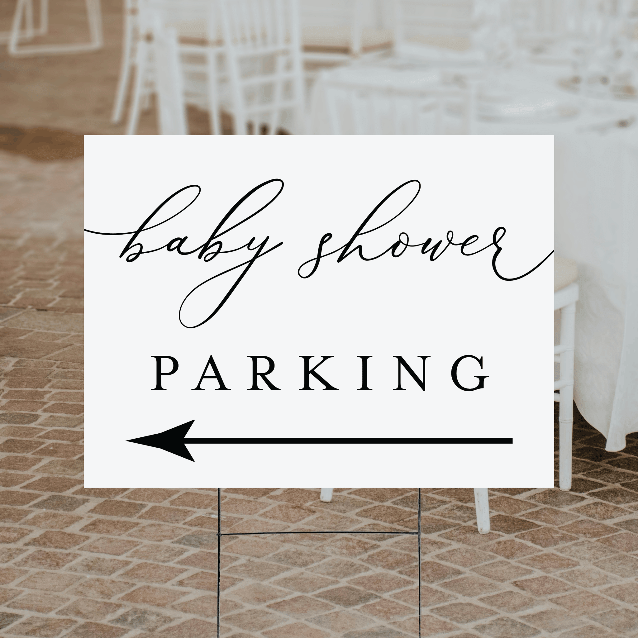 A modern script baby shower parking yard sign with a clean white background, elegant script and serif typography reading baby shower PARKING, with a customizable ink color and directional arrow.