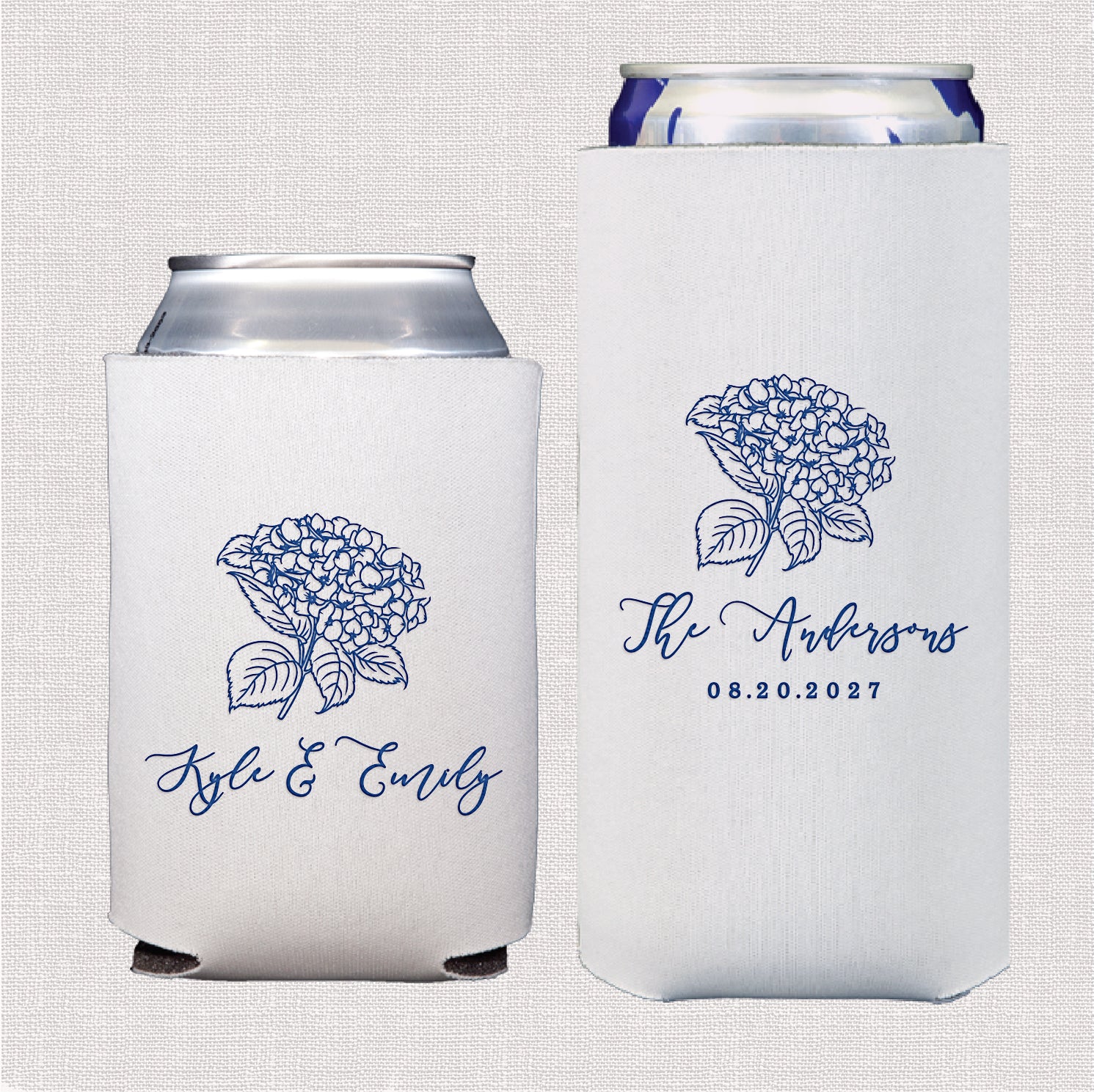Hydrangea wedding bundle featuring personalized standard and slim can coolers with hydrangea floral design