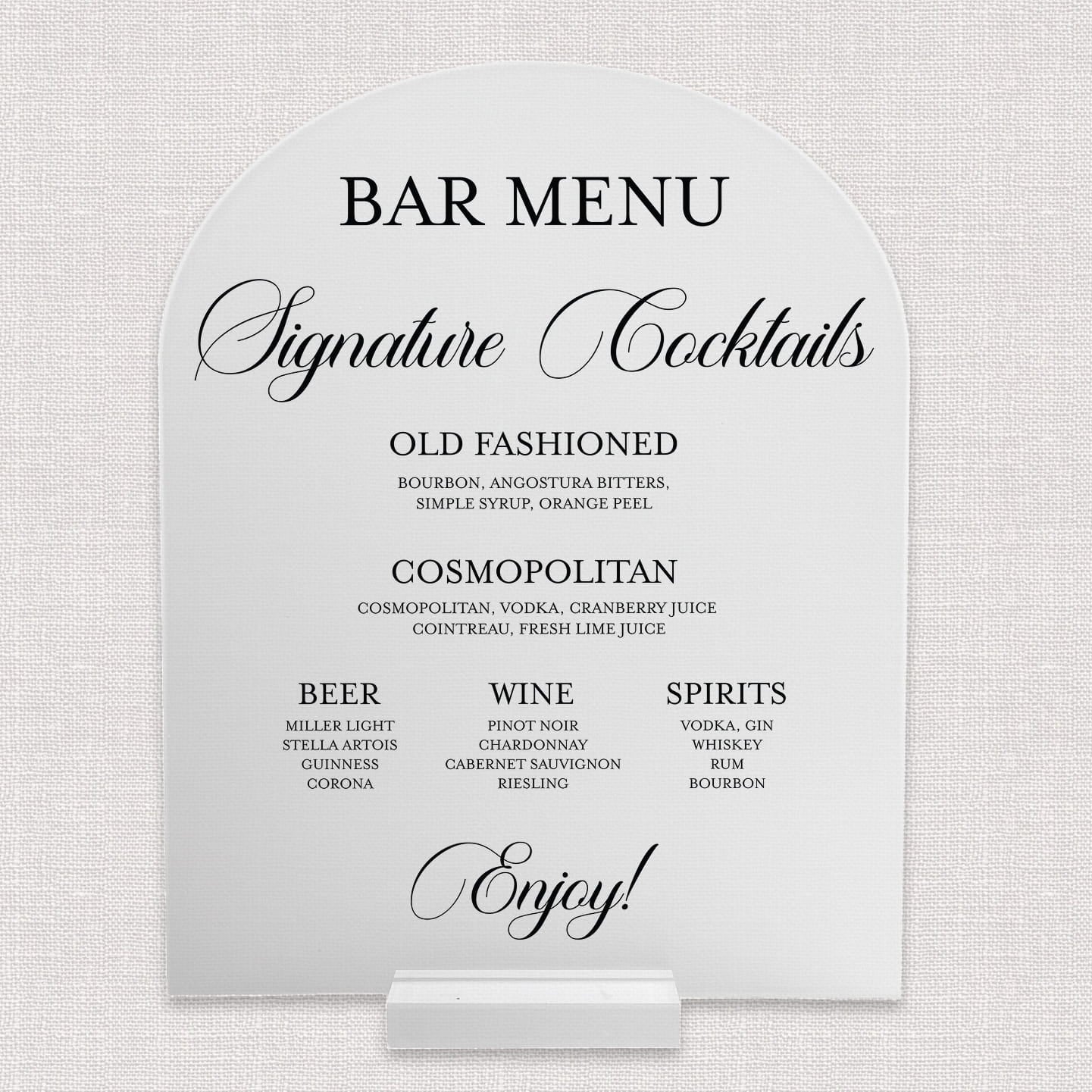 Modern monogram 8x10 frosted acrylic arch bar menu - web photo