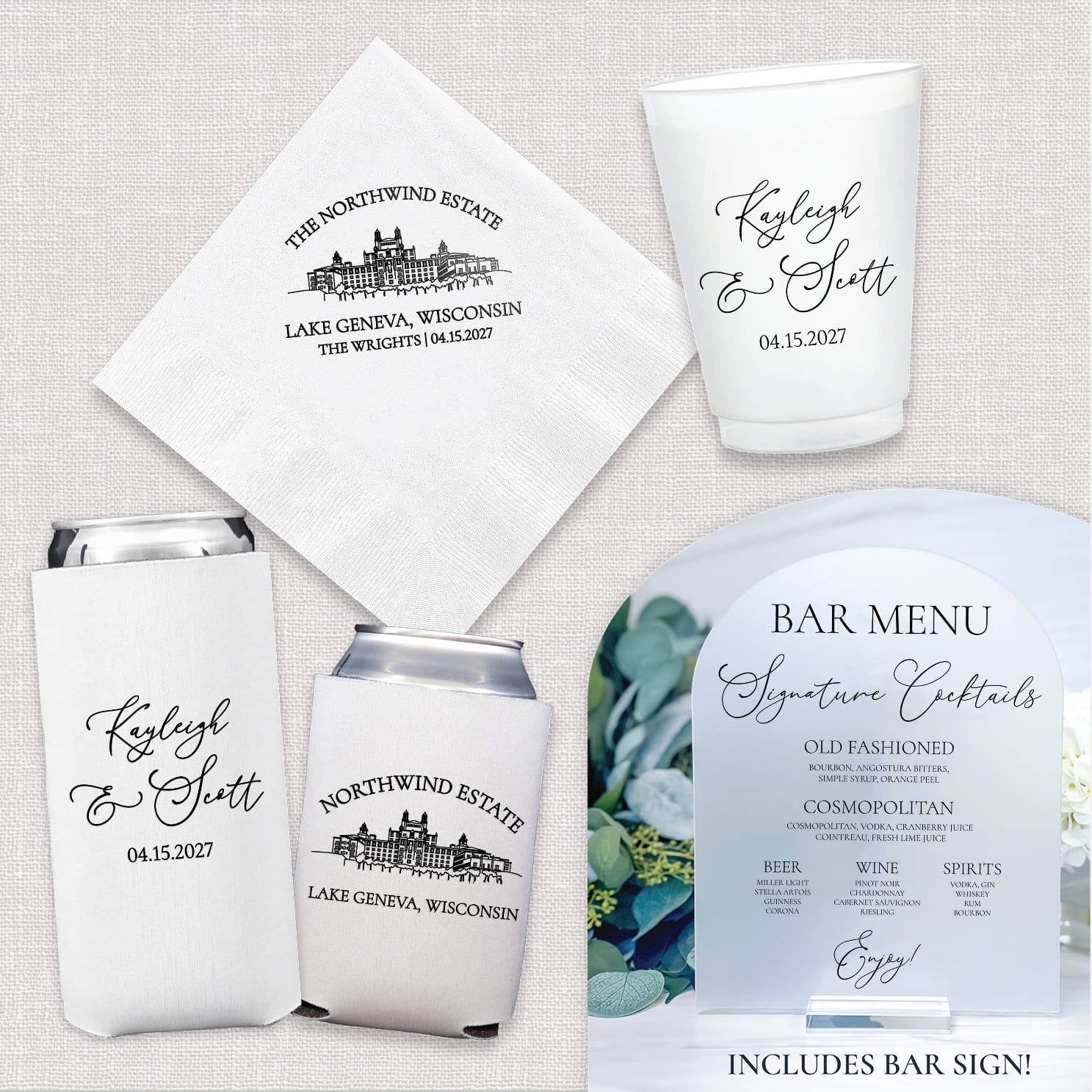 Venue Line Drawing Luxe Wedding Bundle — complete bar suite with cocktail napkins, frosted cups, can coolers, and acrylic bar menu