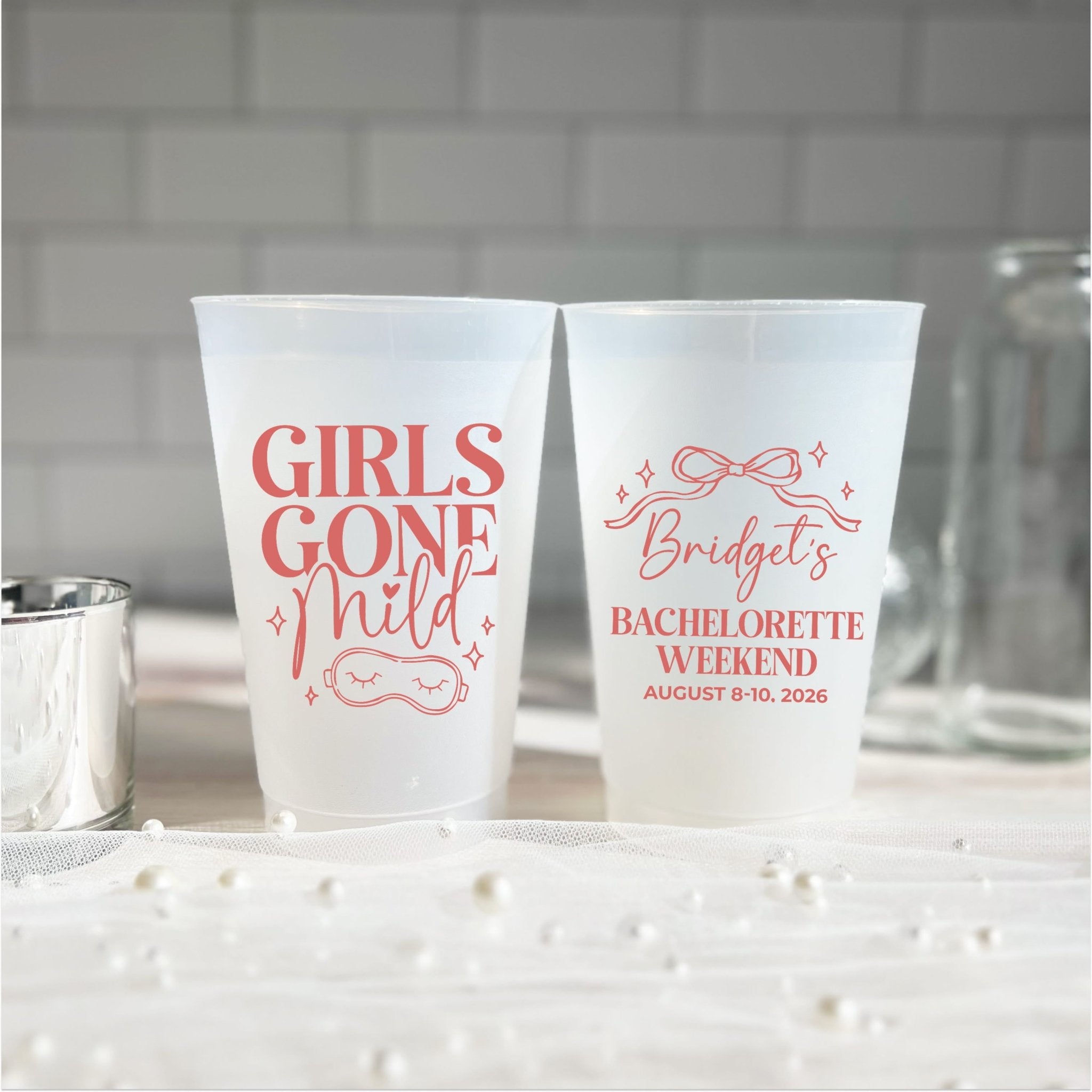 Girls Gone Mild bachelorette cups design close-up, front and back