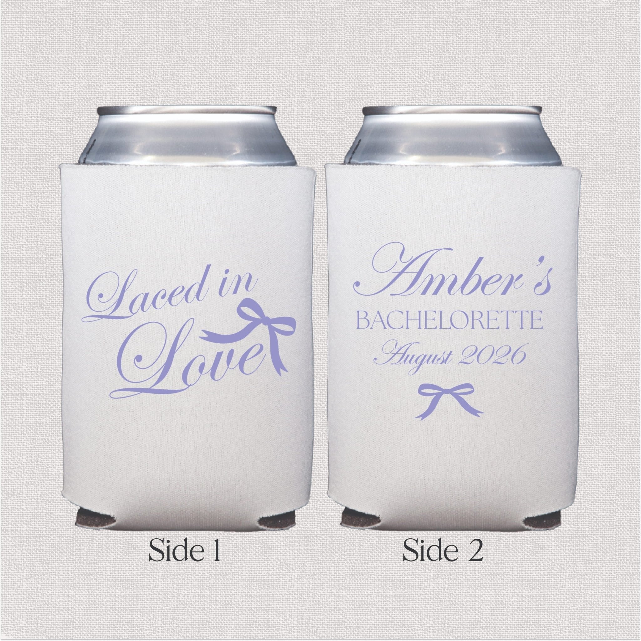 Laced in Love bachelorette can cooler design close-up, front and back