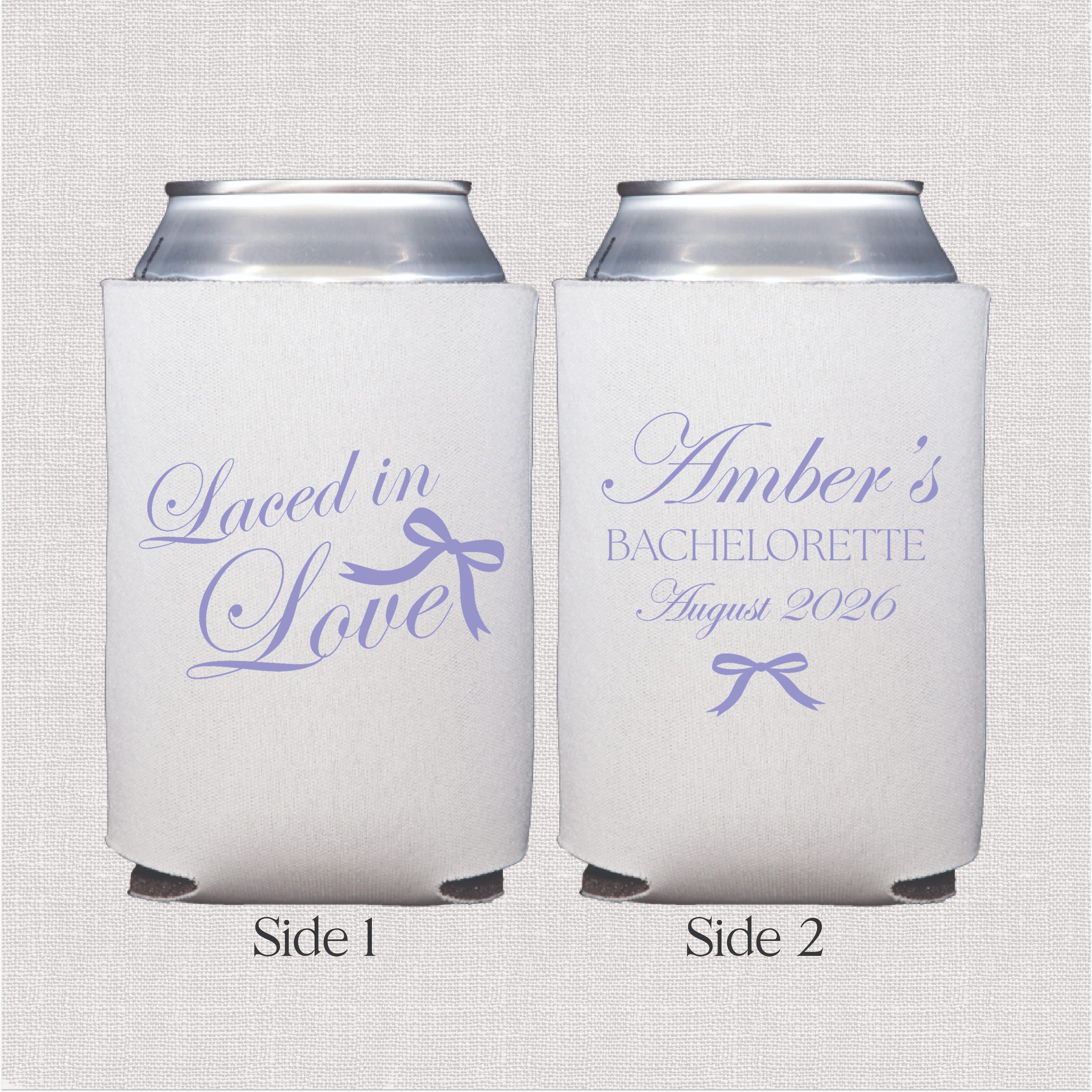 Laced in Love bachelorette can cooler design close-up, front and back