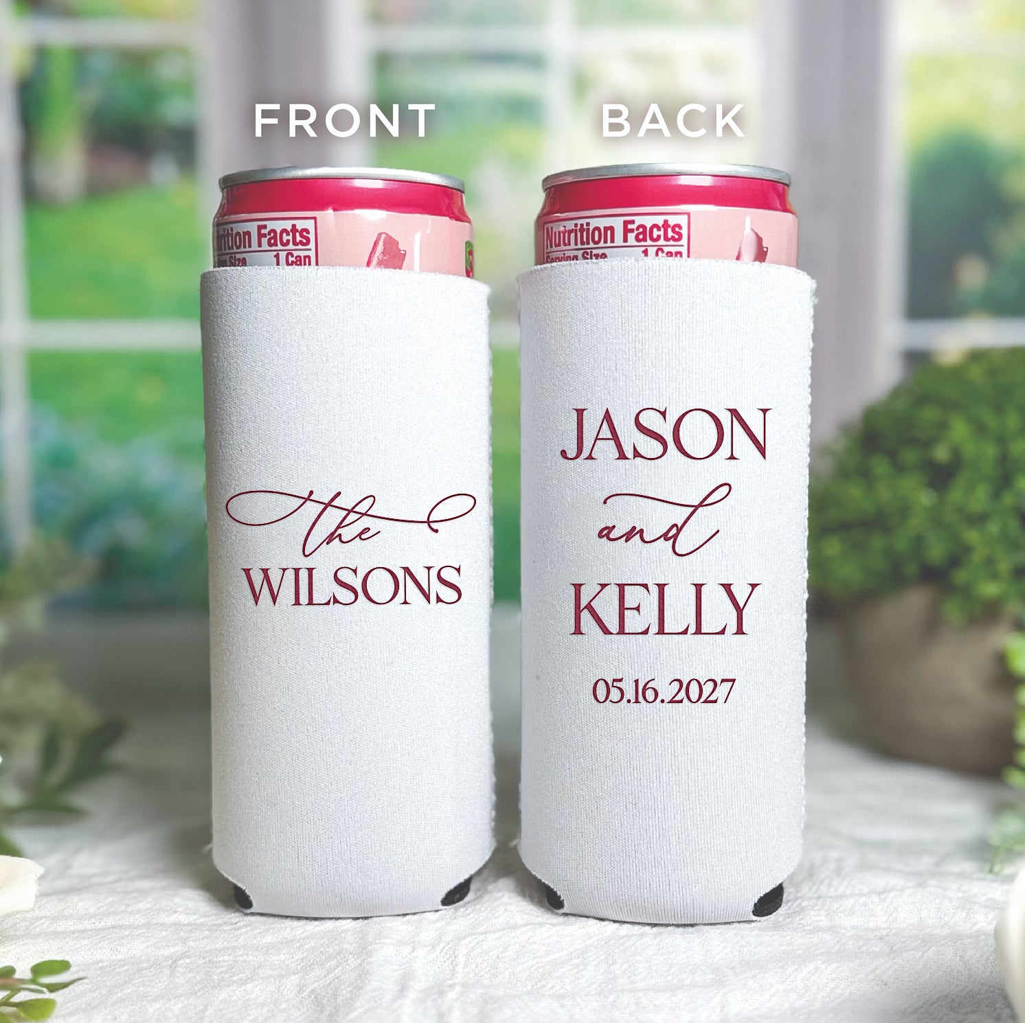 Personalized slim can coolers with elegant last name design showing couple's last name and wedding details