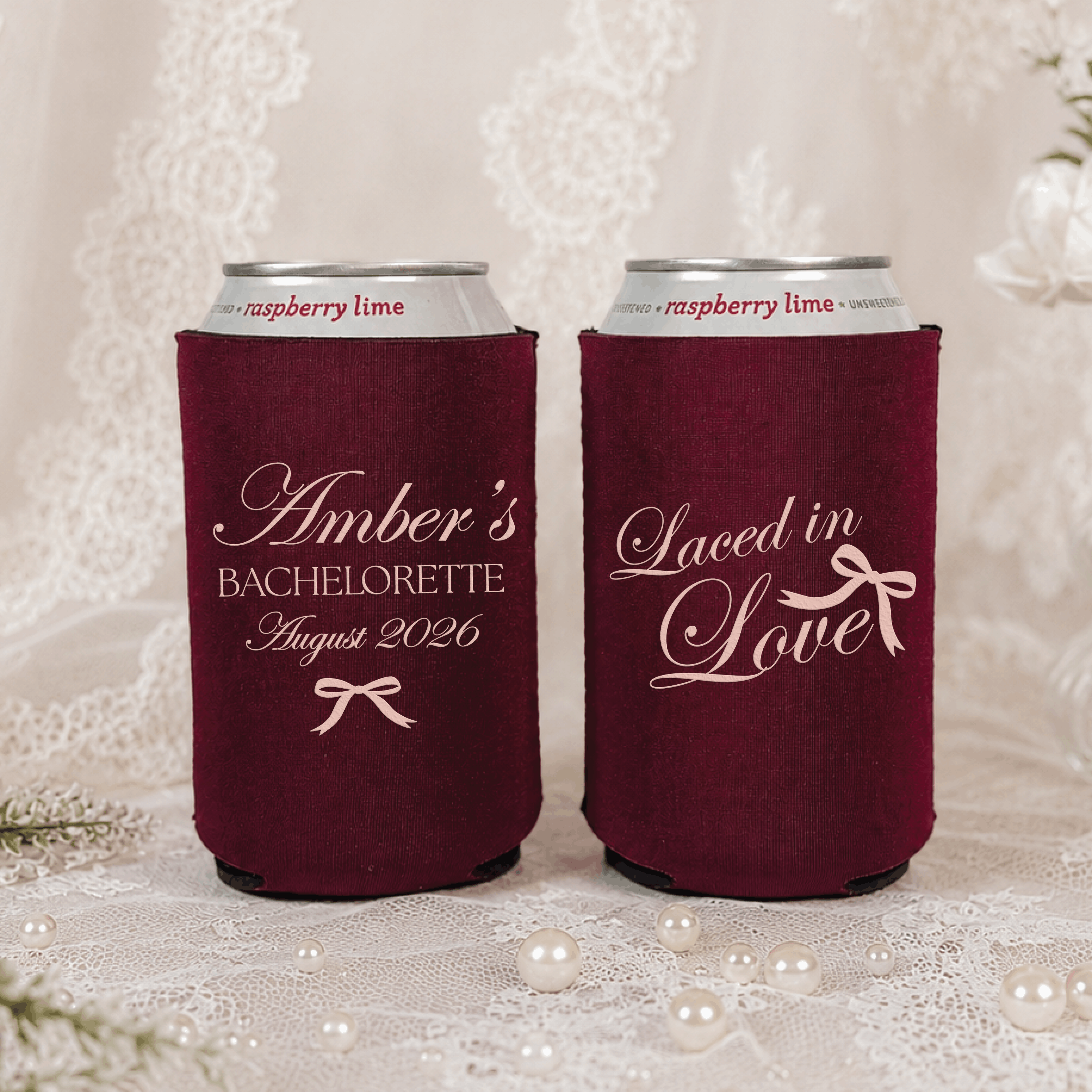 Laced in Love personalized bachelorette can cooler with bow design, lace background