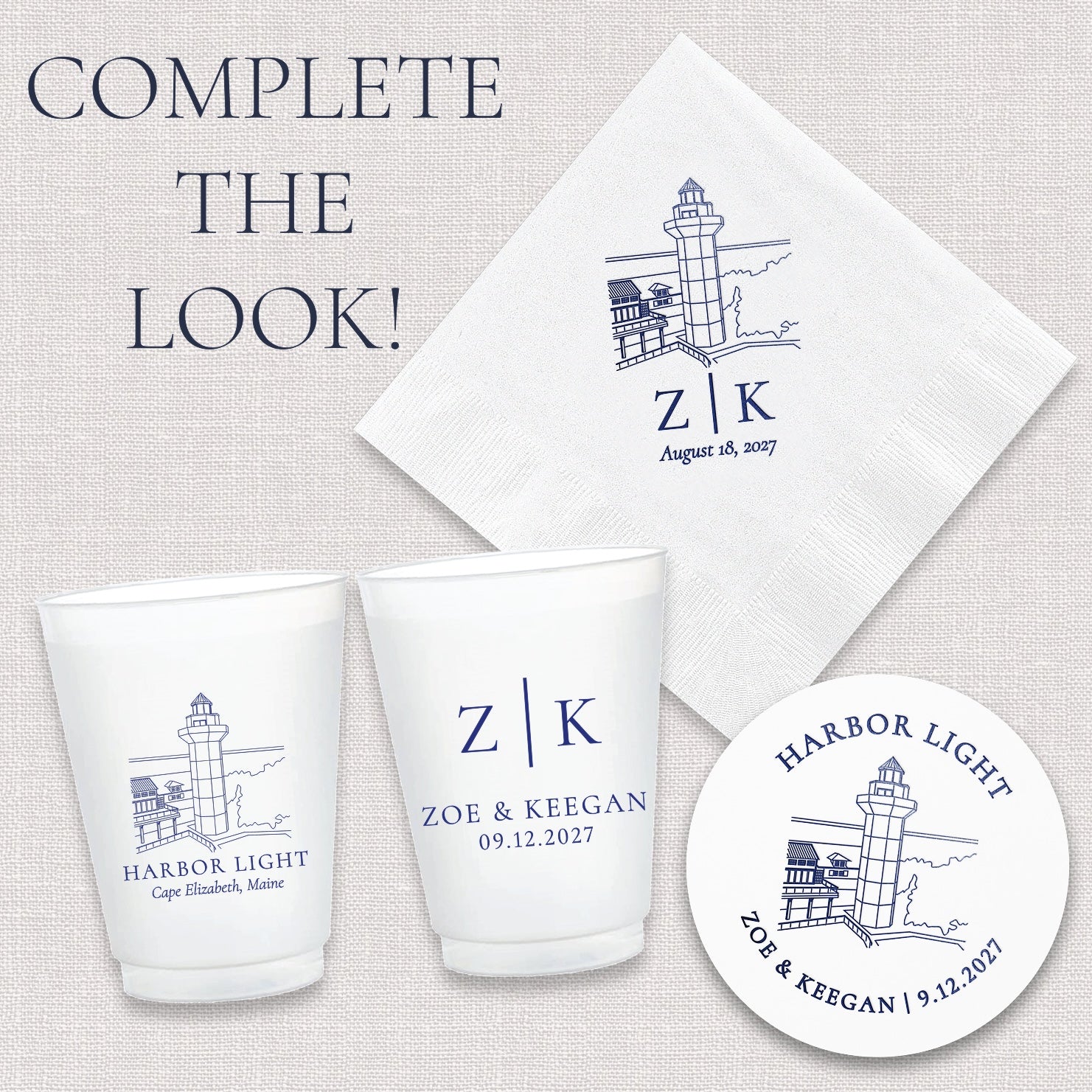 Complete the look upsell graphic showing coordinating venue initials wedding can coolers and accessories collection