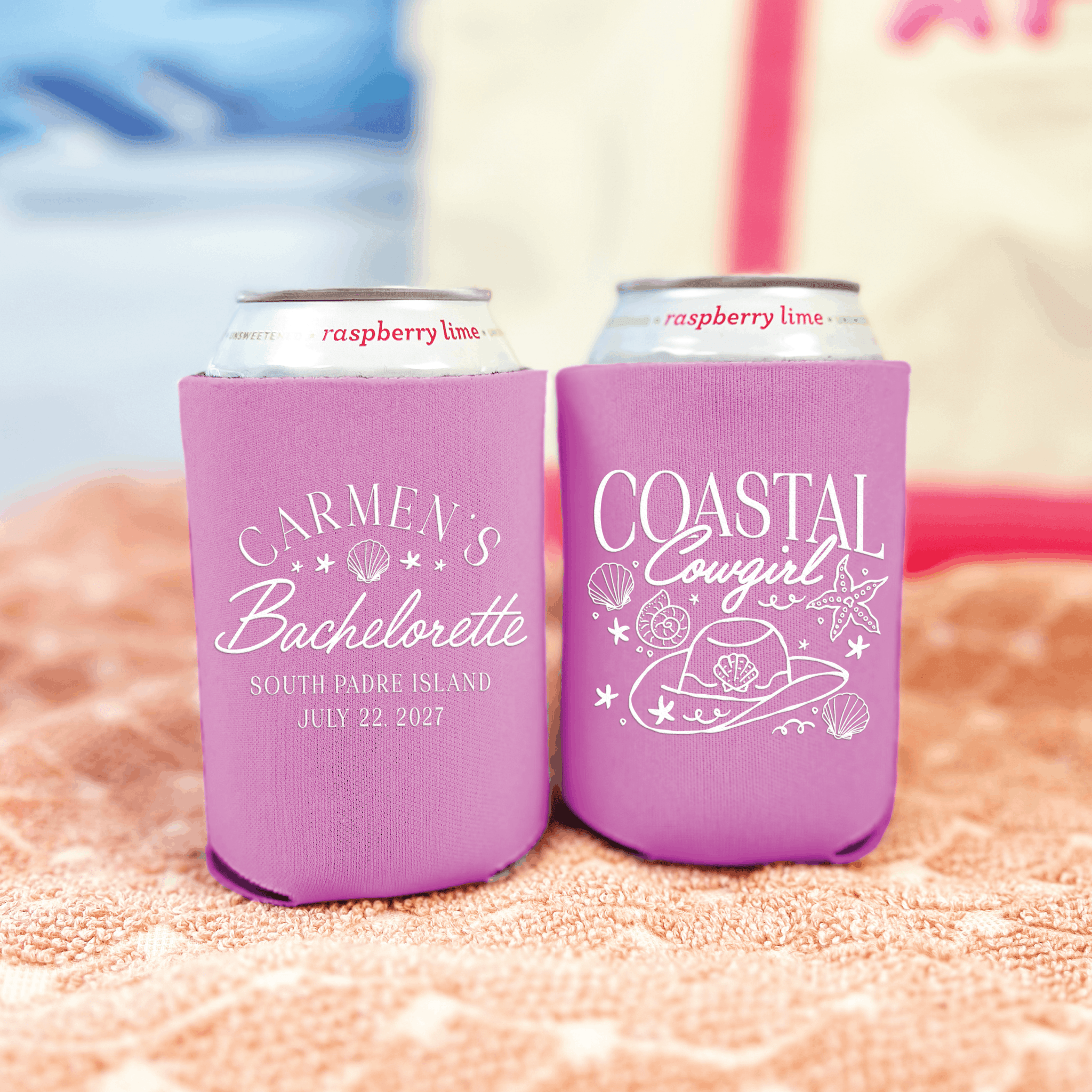 Coastal Cowgirl bachelorette can cooler in orchid purple, personalized bachelorette party favor
