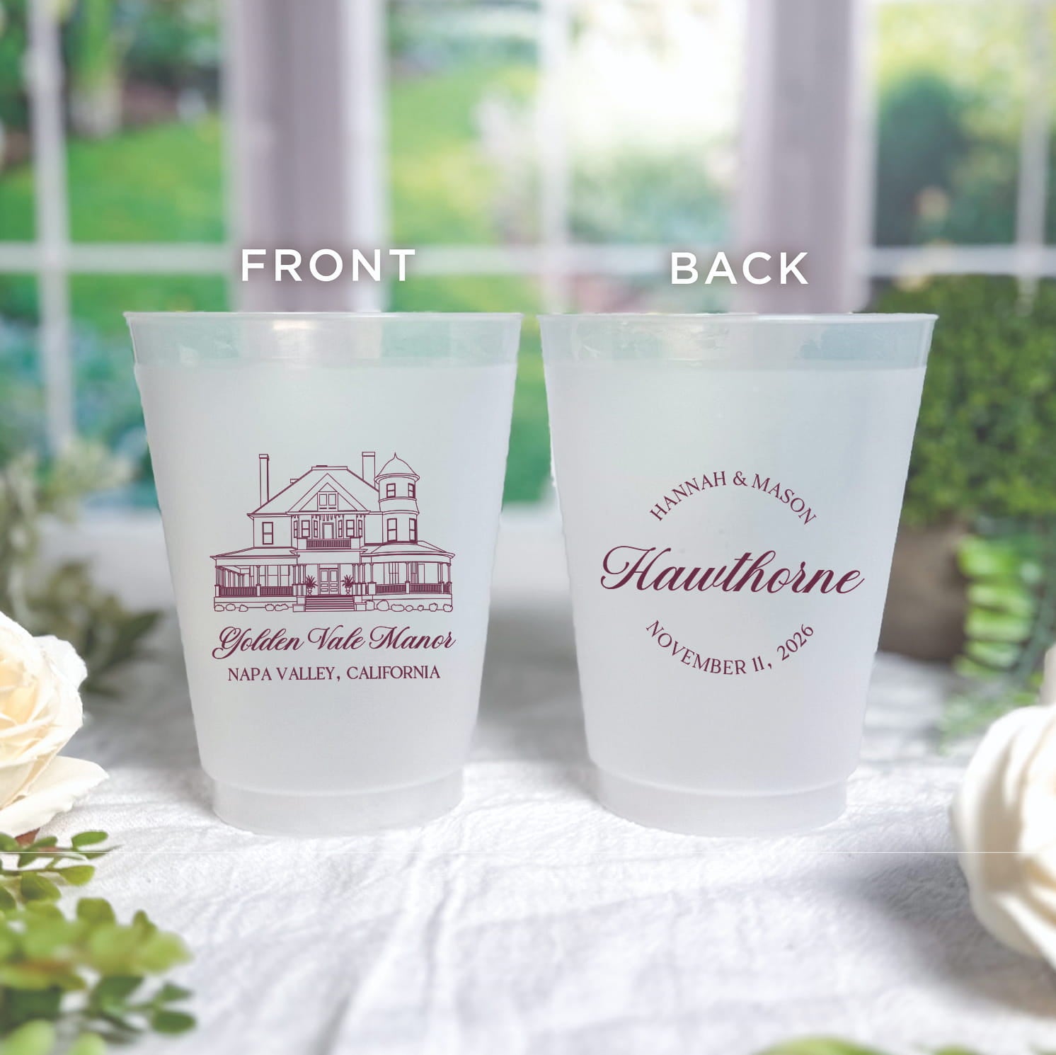 Venue Sketch shatterproof frosted wedding cups - real photo showing custom venue sketch print