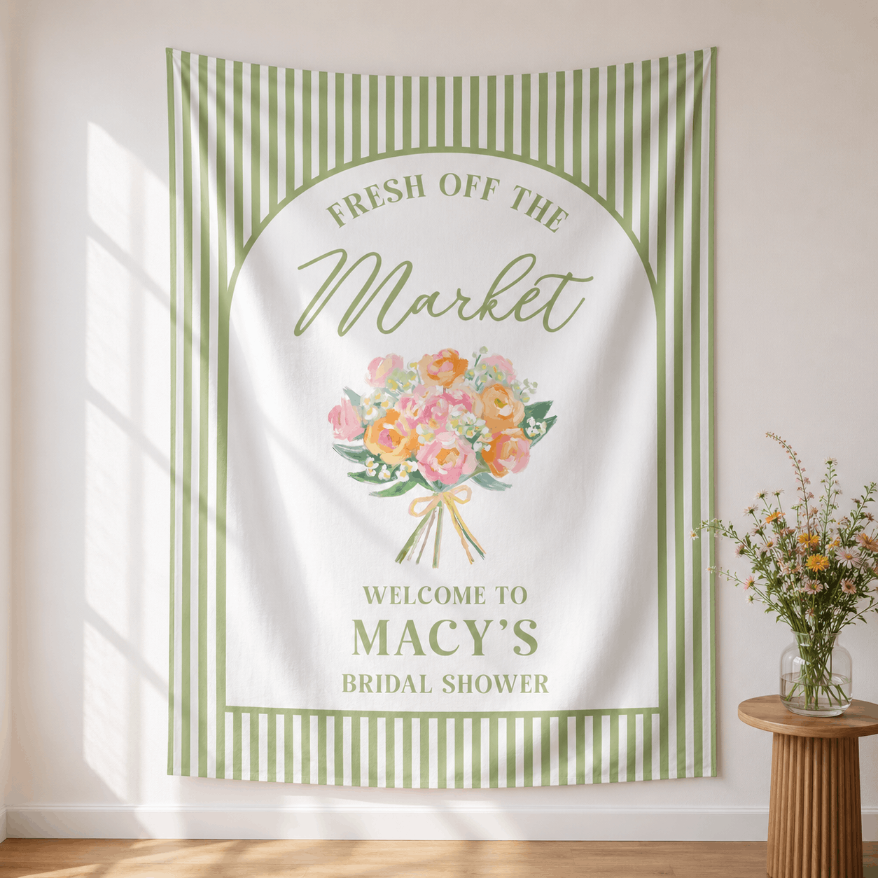 Personalized Fresh Off the Market bachelorette party tapestry banner - Design 1, custom name and date portrait backdrop