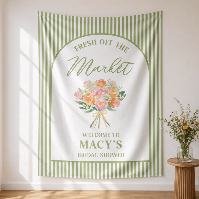 Personalized Fresh Off the Market bachelorette party tapestry banner - Design 1, custom name and date portrait backdrop