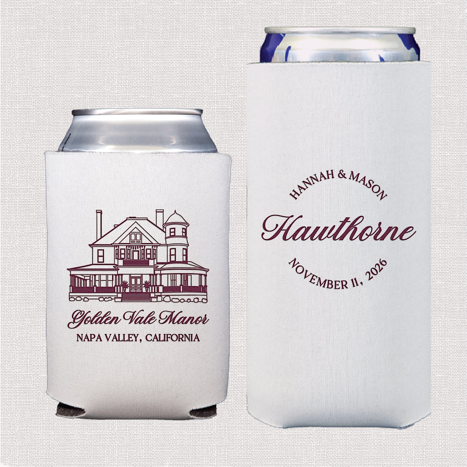 Venue sketch wedding bundle featuring personalized standard and slim can coolers with hand-drawn venue sketch design