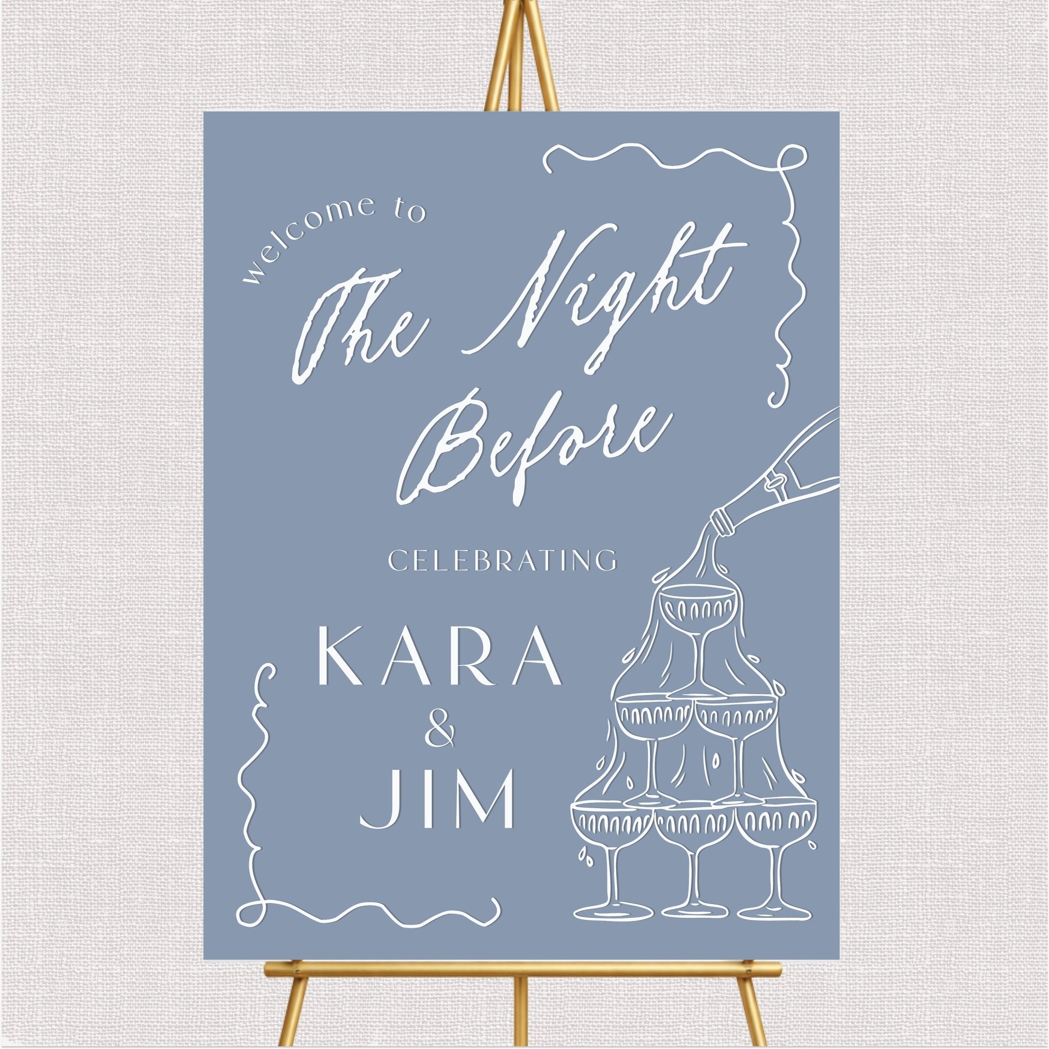 Blue welcome sign with white script text, champagne glasses illustration, and decorative line borders for wedding rehearsa...